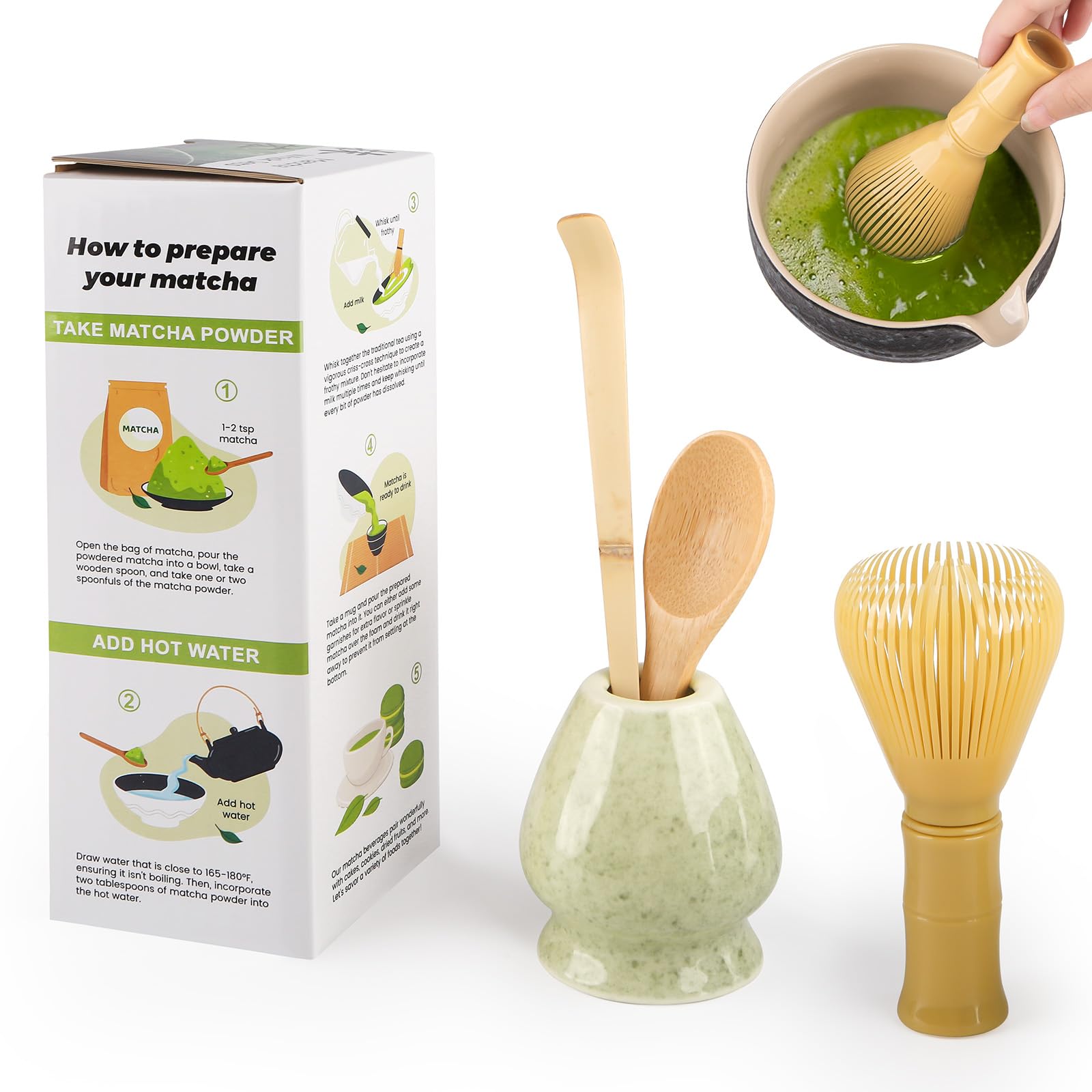 4 Piece Matcha Japanese Ceremony Set, Resin Matcha Whisk, Bamboo Spoon, Bamboo Scoop, Whisk Stand, Perfect Set for Preparing, Yellow - Speckled Green