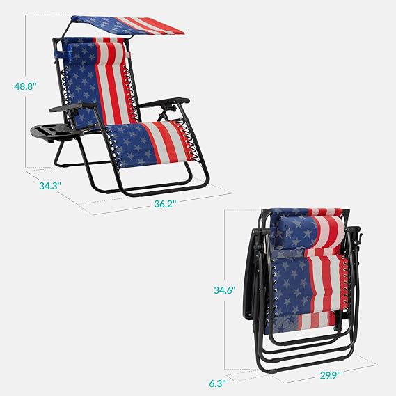 Best Choice Products 30 Wide Folding Zero Gravity Outdoor Recliner Patio Lounge Chair w/Adjustable Canopy Shade, Headrest, Side Accessory Tray - American Flag
