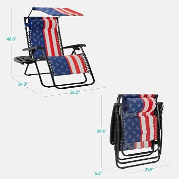 Best Choice Products 30 Wide Folding Zero Gravity Outdoor Recliner Patio Lounge Chair w/Adjustable Canopy Shade, Headrest, Side Accessory Tray - American Flag