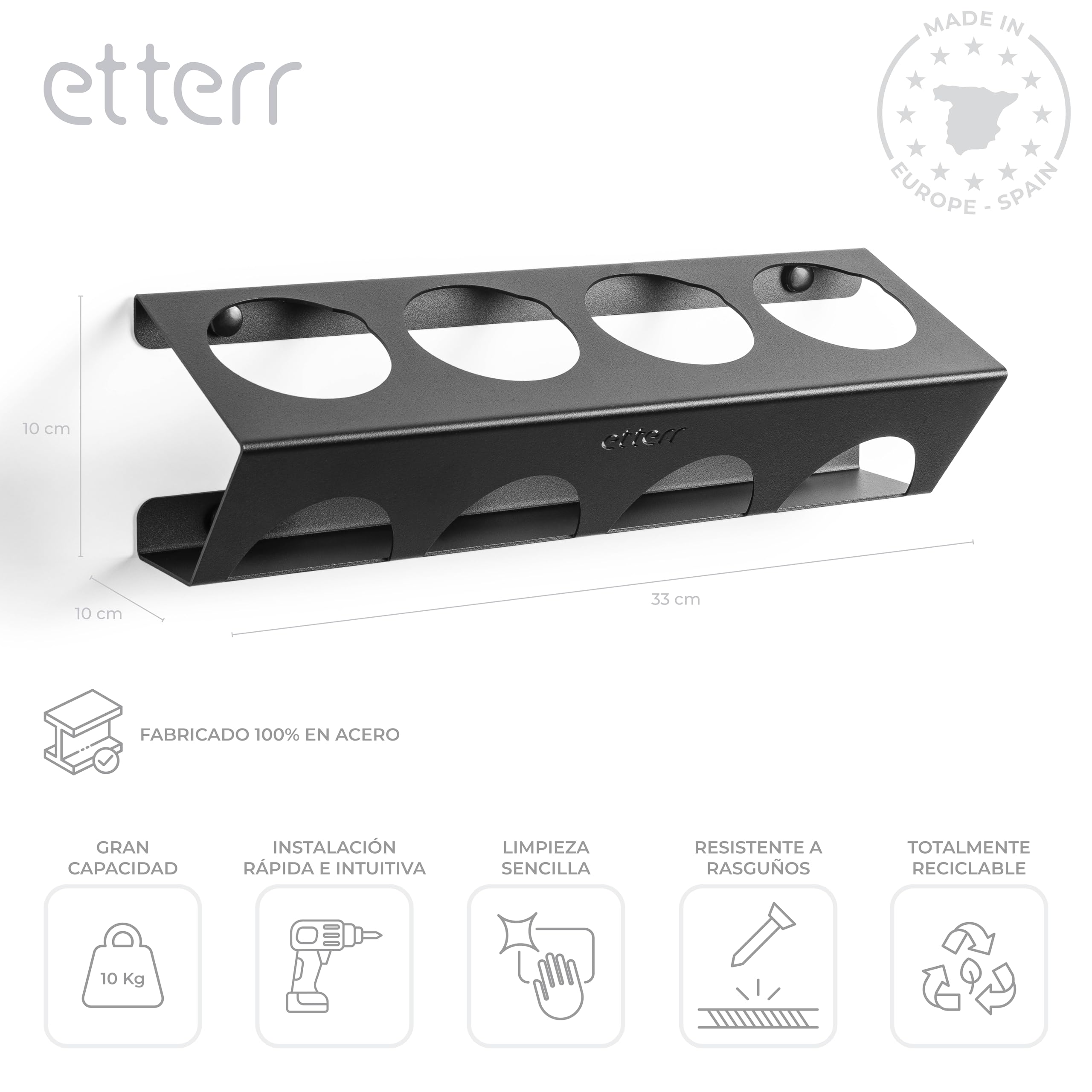 Soporte de Pared para Sprays y Aerosoles Ø65 mm | 100 % Acero Reforzado | Organizador Estantería Balda Taller, Garaje, Furgoneta | Fabricado en Europa | 400 ml | 500 ml | 366 g | 4 Botes
