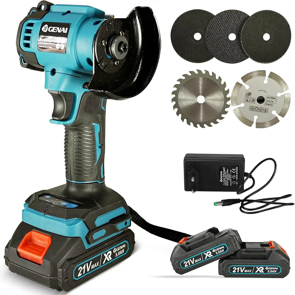 Esmerilhadeira Lixadeira Angular 110V/220V Esmerilhadeira Angular Sem Fio com 2 Baterias 21v e 5 Discos, 3 Velocidades, para Corte de Madeira e Metal