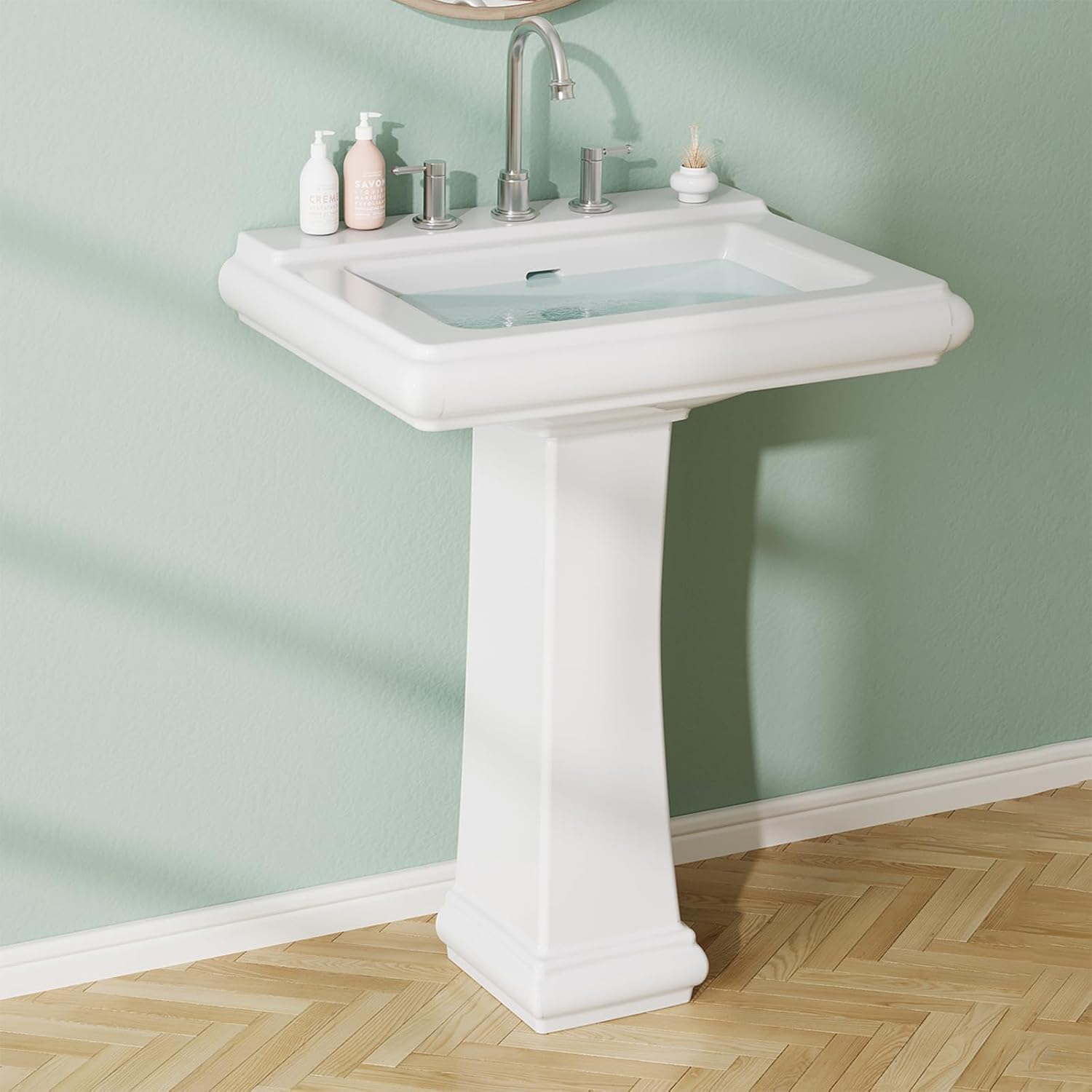 Pedestal Sinks 26" W X 20" D,Rectangular Pedestal Sink Modern White Ceramic Pedestal Bathroom Sink With Overflow,3 Pre-Drilled Holes - Fits 8-Inch Faucets