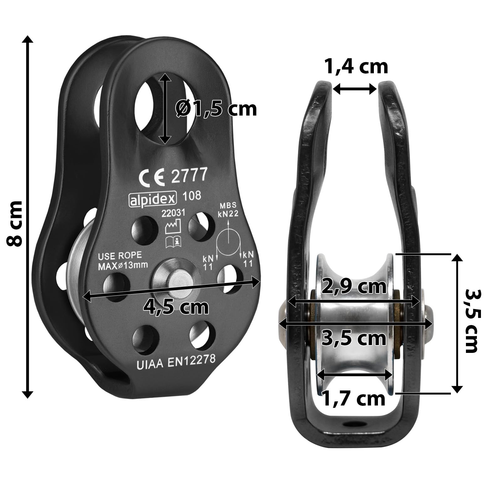ALPIDEX Tandem Katrol Touwkatrol 20 kN | Standaard EN12278 | Kogellager | Dubbele Katrollen | Staalkabels tot 12 mm | Textieltouwen tot 13 mm | Dubbele Touwkatrol Pulley, Kleur:goud