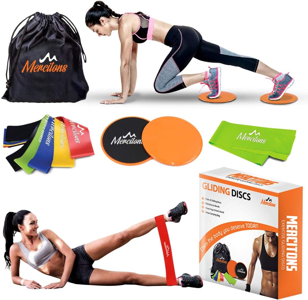 Dual Sided Gliding Discs Core Sliders Exercise with 6 Resistance Bands for Women - Home Full Body Workout - use it on Carpet & Hardwood Floors - Abdominal Exercises for Optimal Fitness and Health