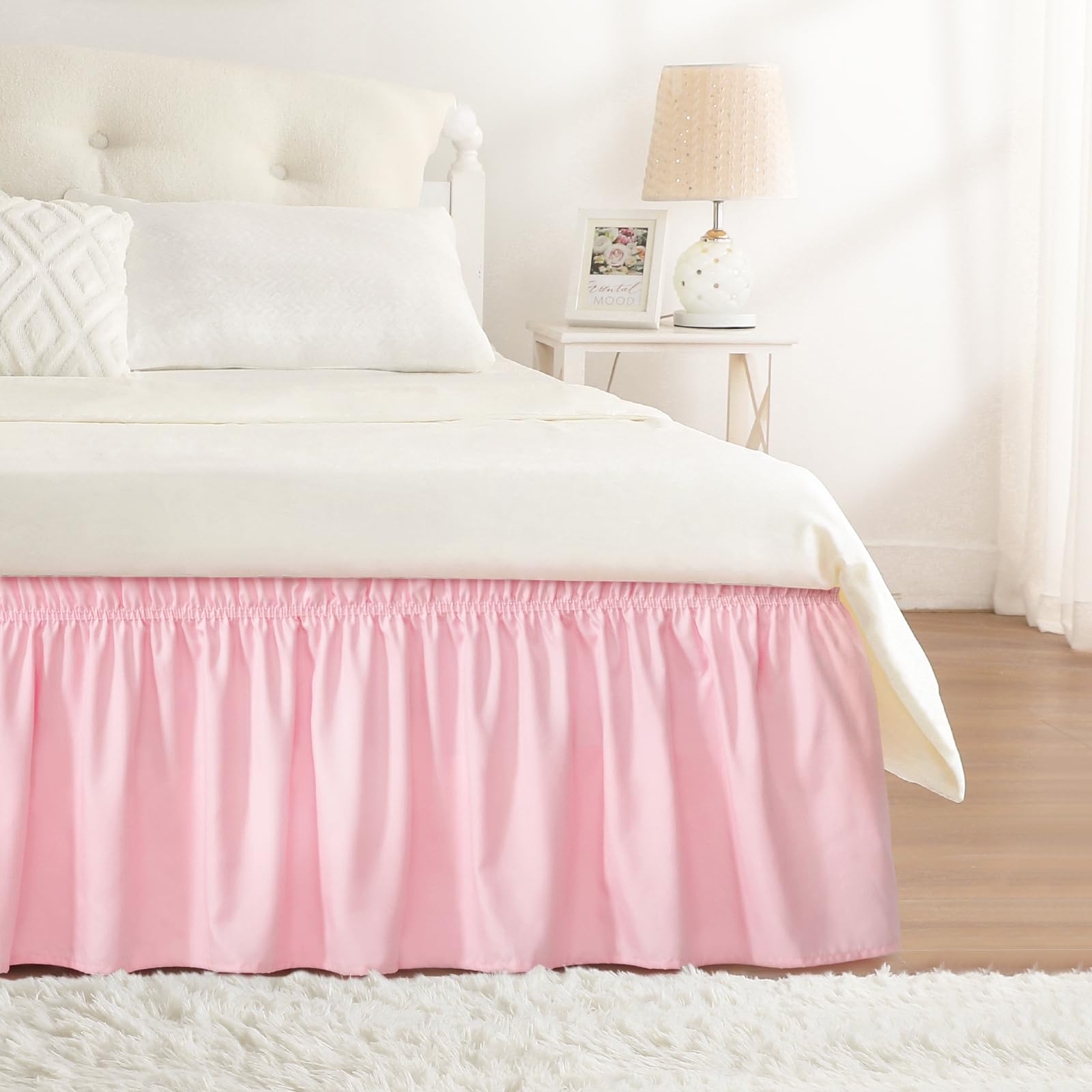 RIMELA Bed Skirt Full Size 15 Inch Drop, Elastic Bed Skirting for Adjustable Bed Base and Frame, Bedding Dust Ruffle Easy to Install, Hotel Quality Wrap Around Bedskirt (Pink)