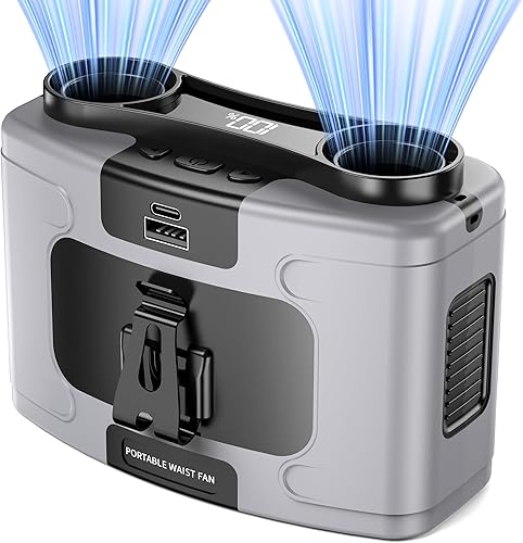 Ventilador de cintura portátil, funciona con batería de 20000 mAh, cinturón de clip y recargable, 10 velocidades, 16000 rpm, flujo de aire fuerte,