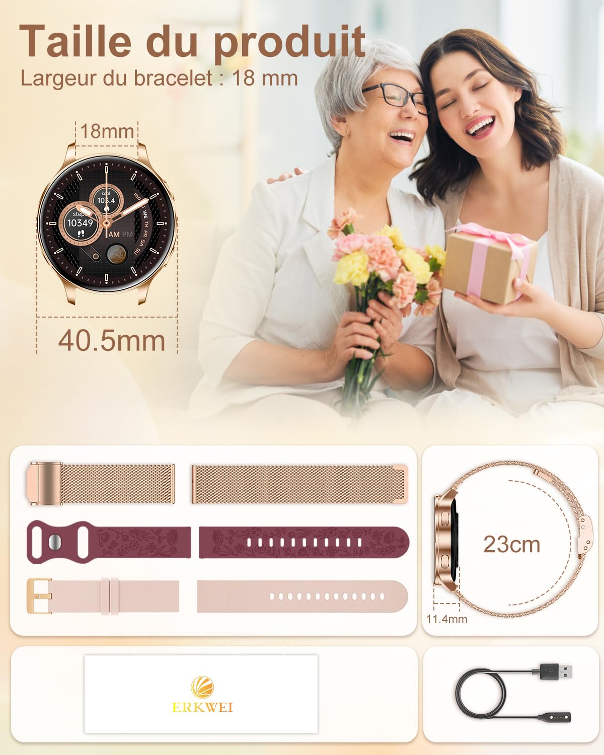 Smartwatch damski AMOLED ekran 100+ trybów, zegarek sportowy do iOS Android, różowe złoto