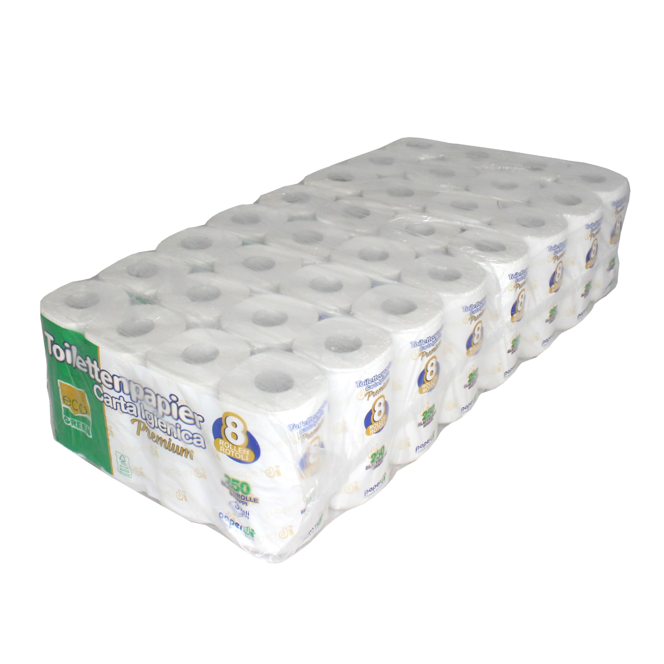 64 Rollen Premium-Toilettenpapier | günstige Großpackung | 3-lagig | je 250 Blatt | weich und saugfähig | 100% Recyclingpapier | Lieferumfang: 8 x 8 = 64 Rollen im Beutel