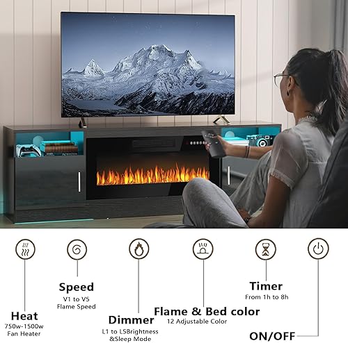 Miniatura 6 de PUKAMI Soporte de TV con chimenea de 70 pulgadas con chimenea eléctrica de 36 pulgadas para televisores de hasta 80 pulgadas, centro de