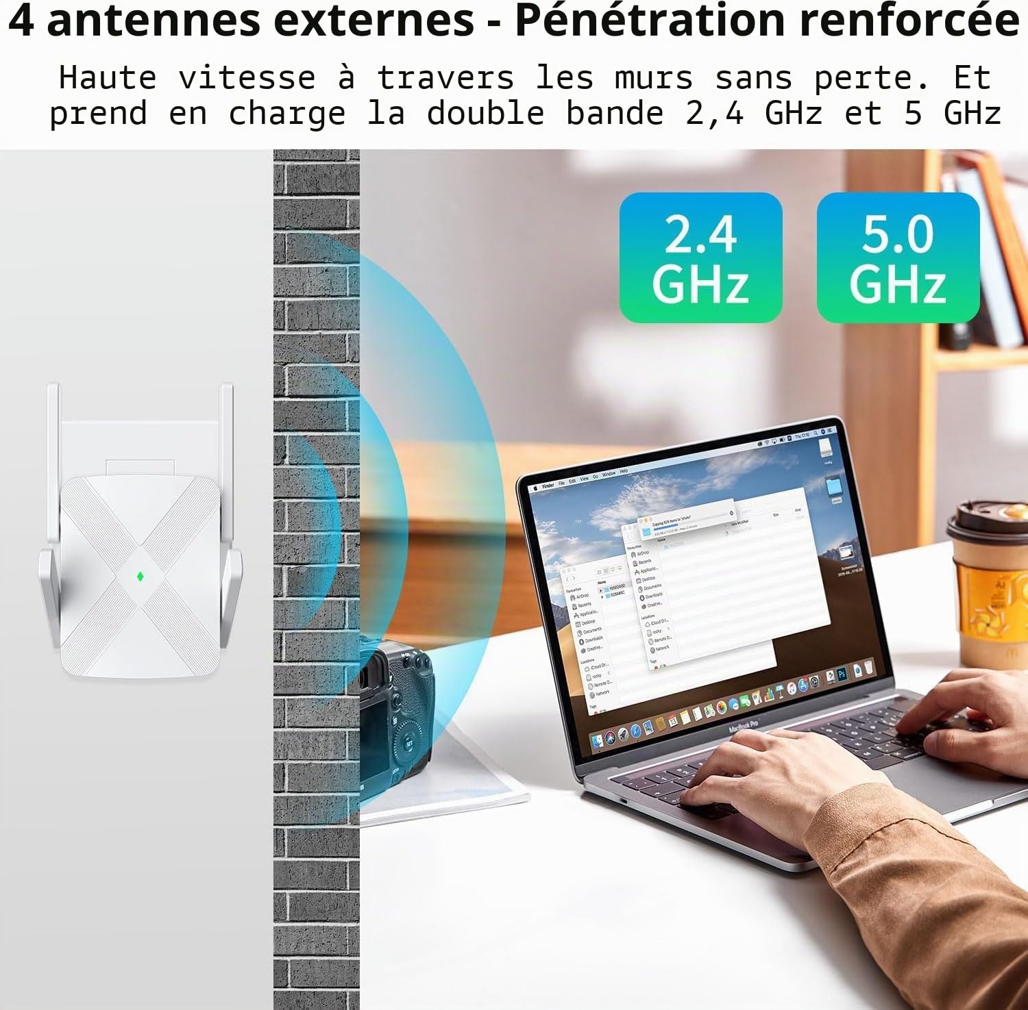 WiFi Répéteur, 4 Antenne WiFi Extenseur, 1200Mbps - Dual Band Amplificateur Wi-FI, Couvre jusqu'à 12880 Pieds carrés et 80 appareils, amplificateur Internet - avec Port Ethernet, Configuration Rapide
