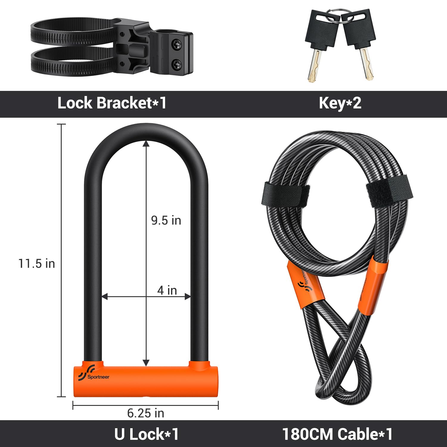 Sportneer Lucchetto a U per bicicletta, 18 mm, resistente, con cavo in acciaio ad alta sicurezza da 1,8 m, staffa di montaggio regolabile e serratura antifurto per biciclette, e-bike, moto, scooter
