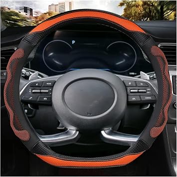 D Cut Steering Wheel Cover - D Shaped Flat Bottom Microfiber Leather Anti-Skid Breathable Fit 14.5"-15" Orange