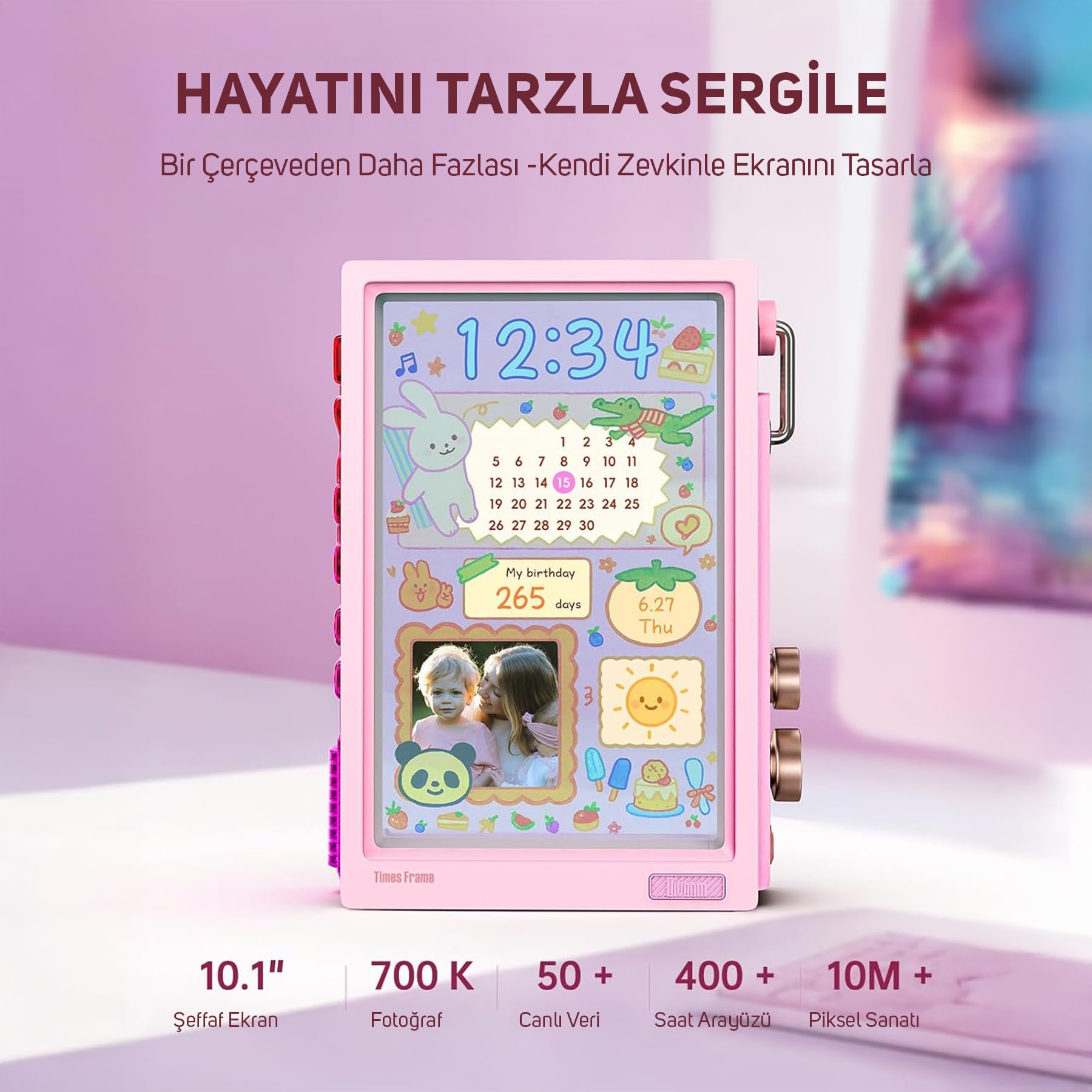 Divoom LoveLock Ses Kayıt Özellikli Bluetooth Hoparlör ve Times Frame Akıllı Dijital Çerçeve Hediye Seti, Pembe