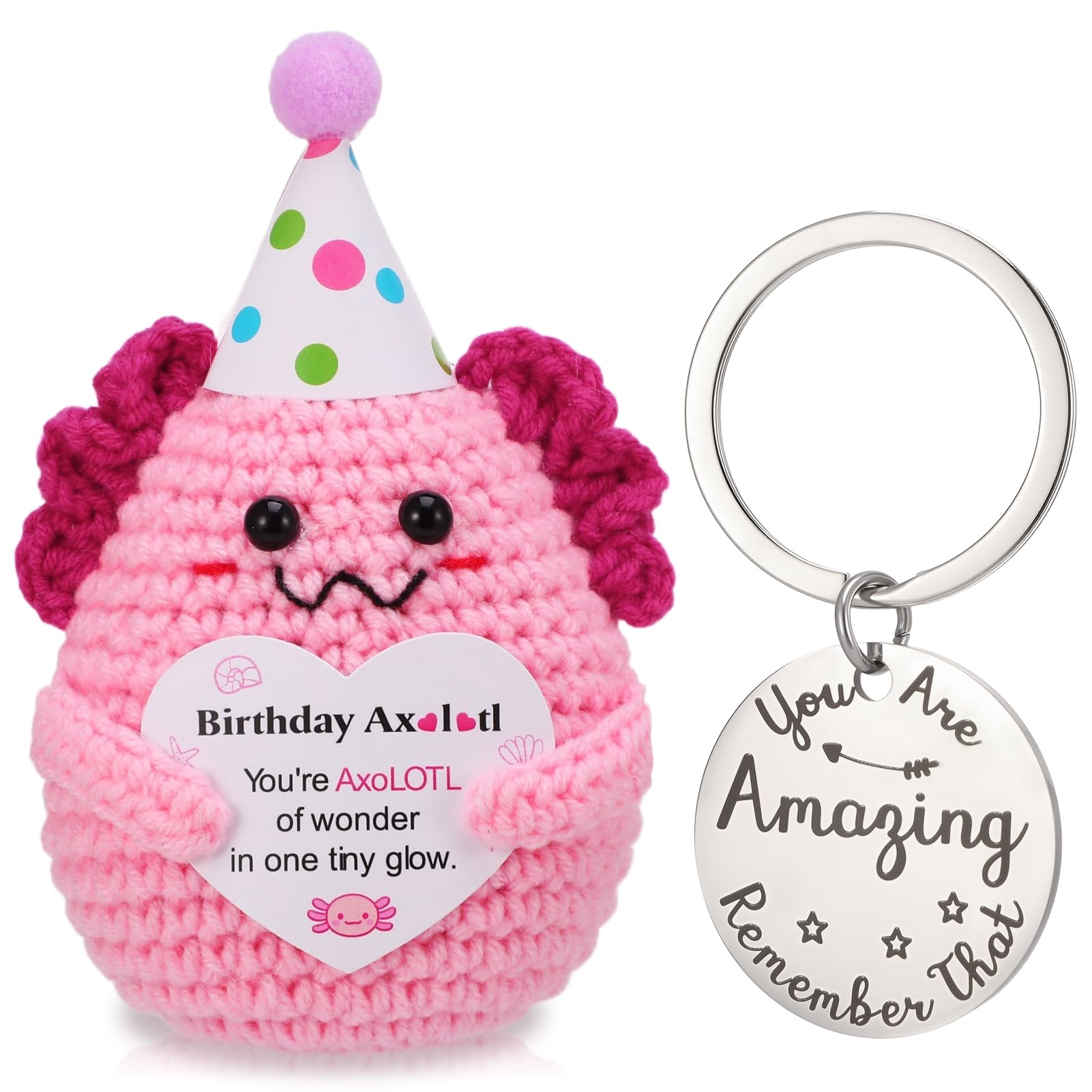 GSrenyu Birthday Positive Crochet Axolotl with Inspirational Keyring, Emotional Support Crochet Mini Knitted Axolotl with Card Handmade Funny Happy Birthday Gifts for Kids Women Lover Friends