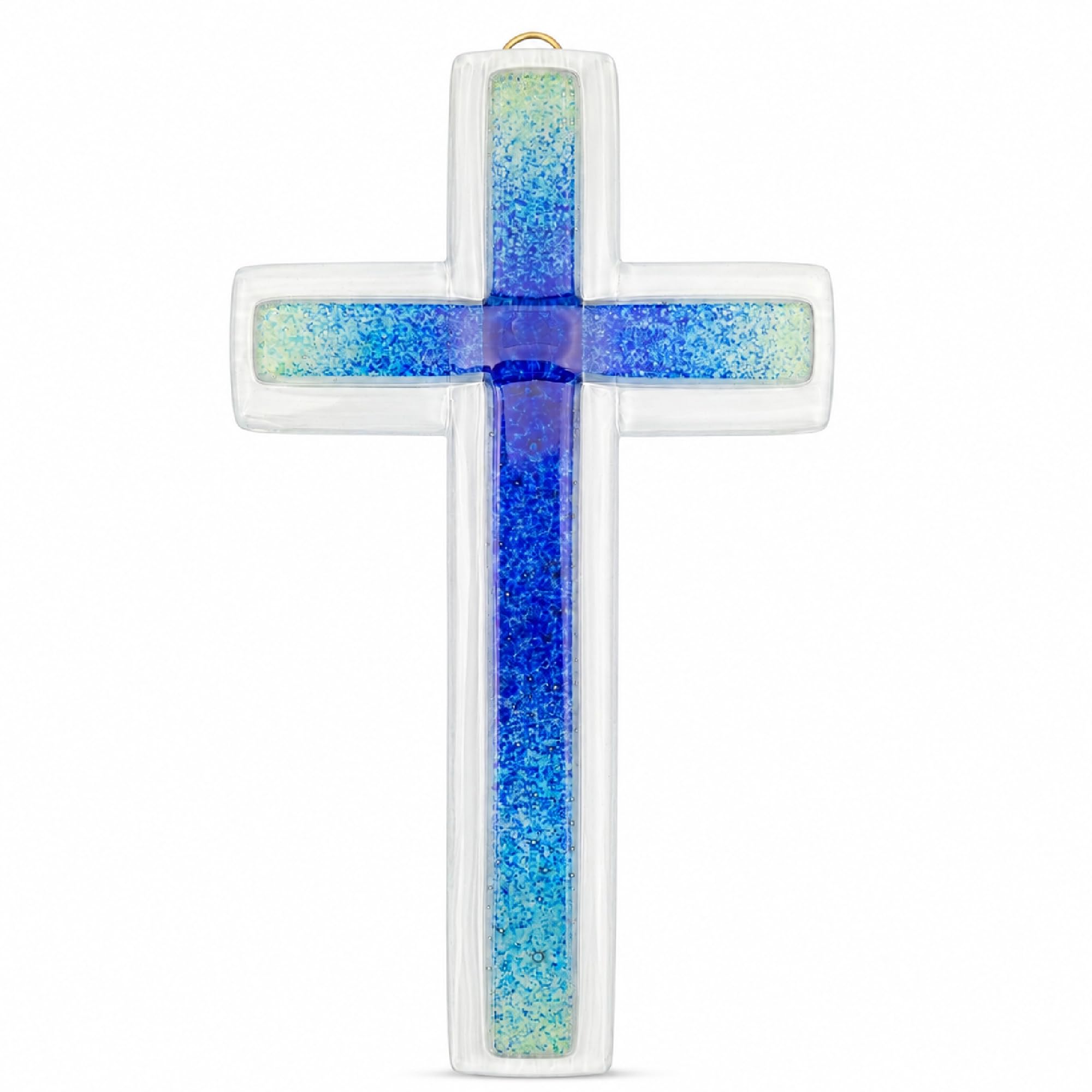 Lunexus Szklany krzyż ścienny 20,5 cm, ręcznie wykonany, prezent na chrzest, komunię, bierzmowanie, krzyż, szkło, niebieski, religijny krzyż dekoracyjny do zawieszenia, krzyż dziecięcy, chrzest, dla
