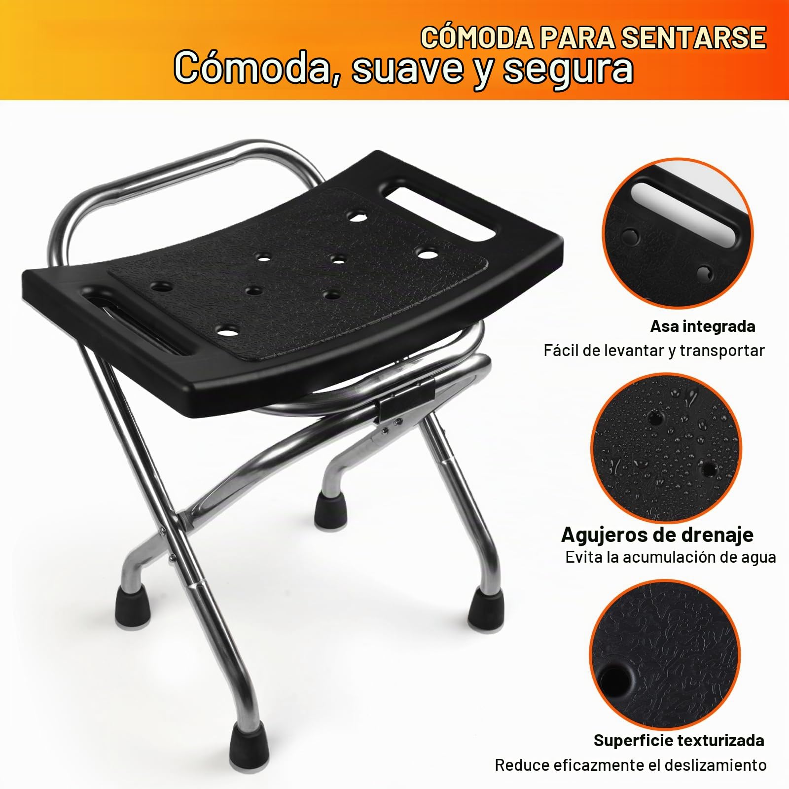 Asiento de ducha plegable, silla de ducha de acero inoxidable elegible para ducha interior, taburete de ducha portátil de 400 libras, silla de baño antideslizante de seguridad para personas mayores
