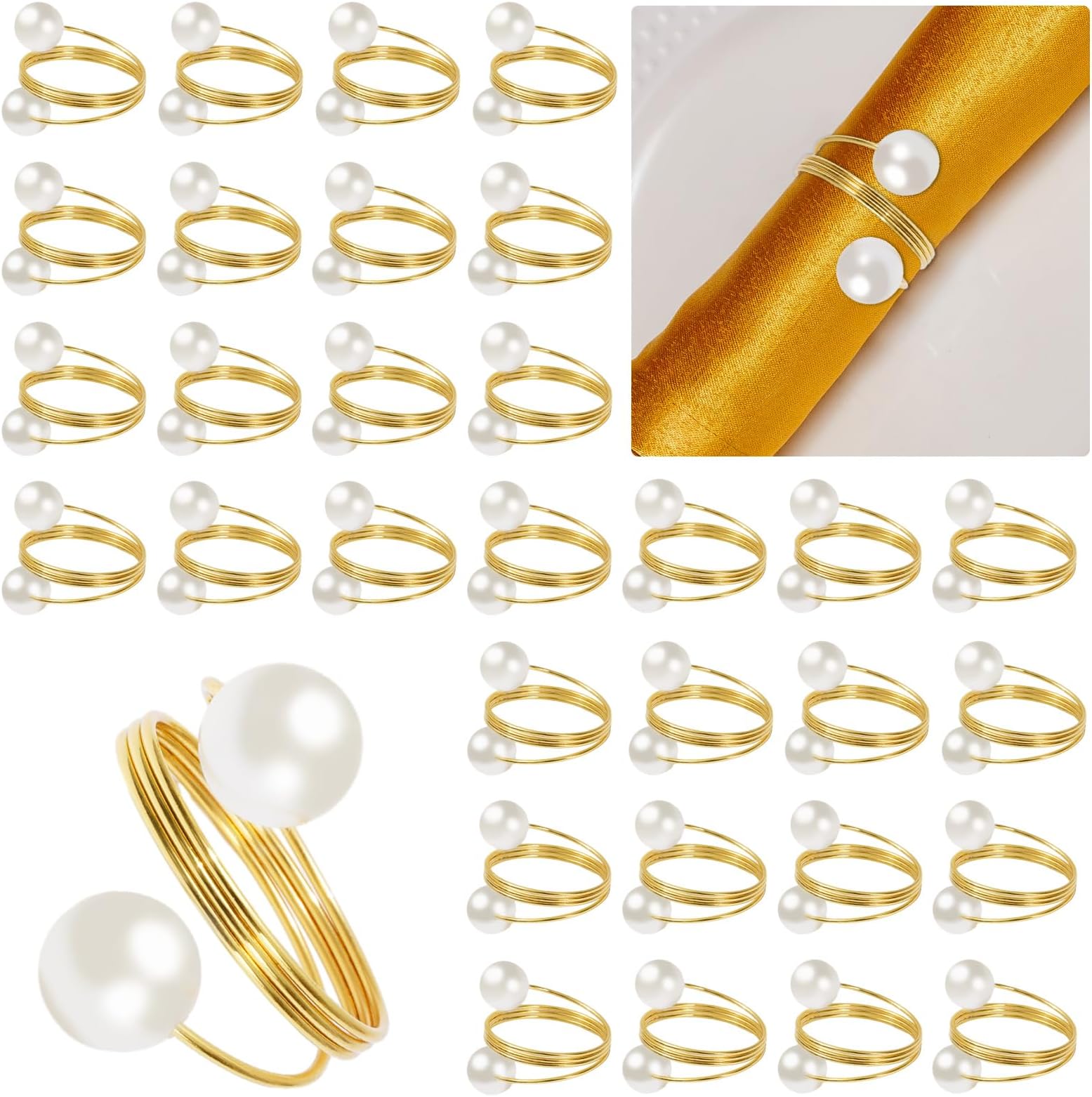 30pcs Pearl Napkin Rings Stretched Pearl Rhinestone Napkin Ring Holder with Elastic