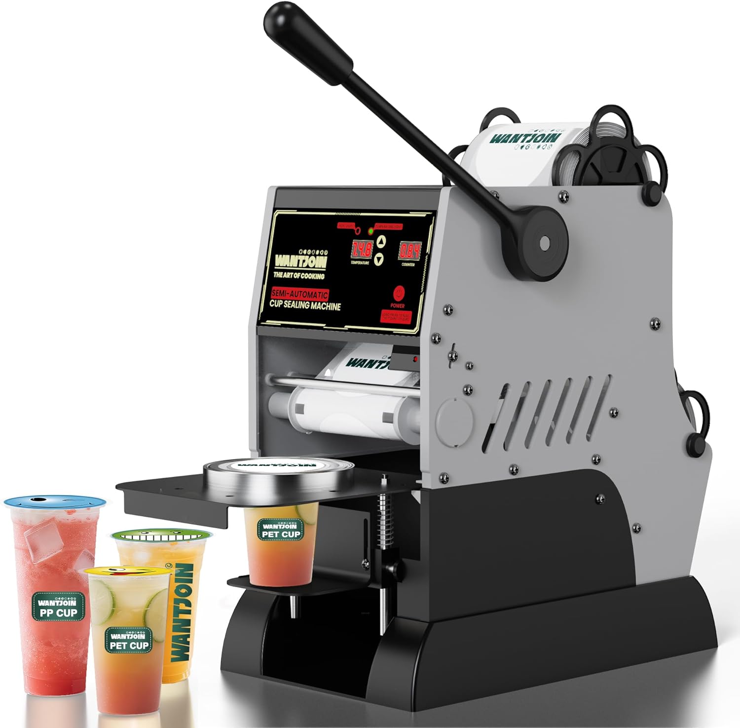 WantJoin Semi Automatic Cup Sealing Machine - 2S Sealing Auto Film Alignment Commercial Cup Sealer Machine 90/95mm LED Panel Temperature Control, Electric Cup Sealing Machine For PP PET Paper Cup