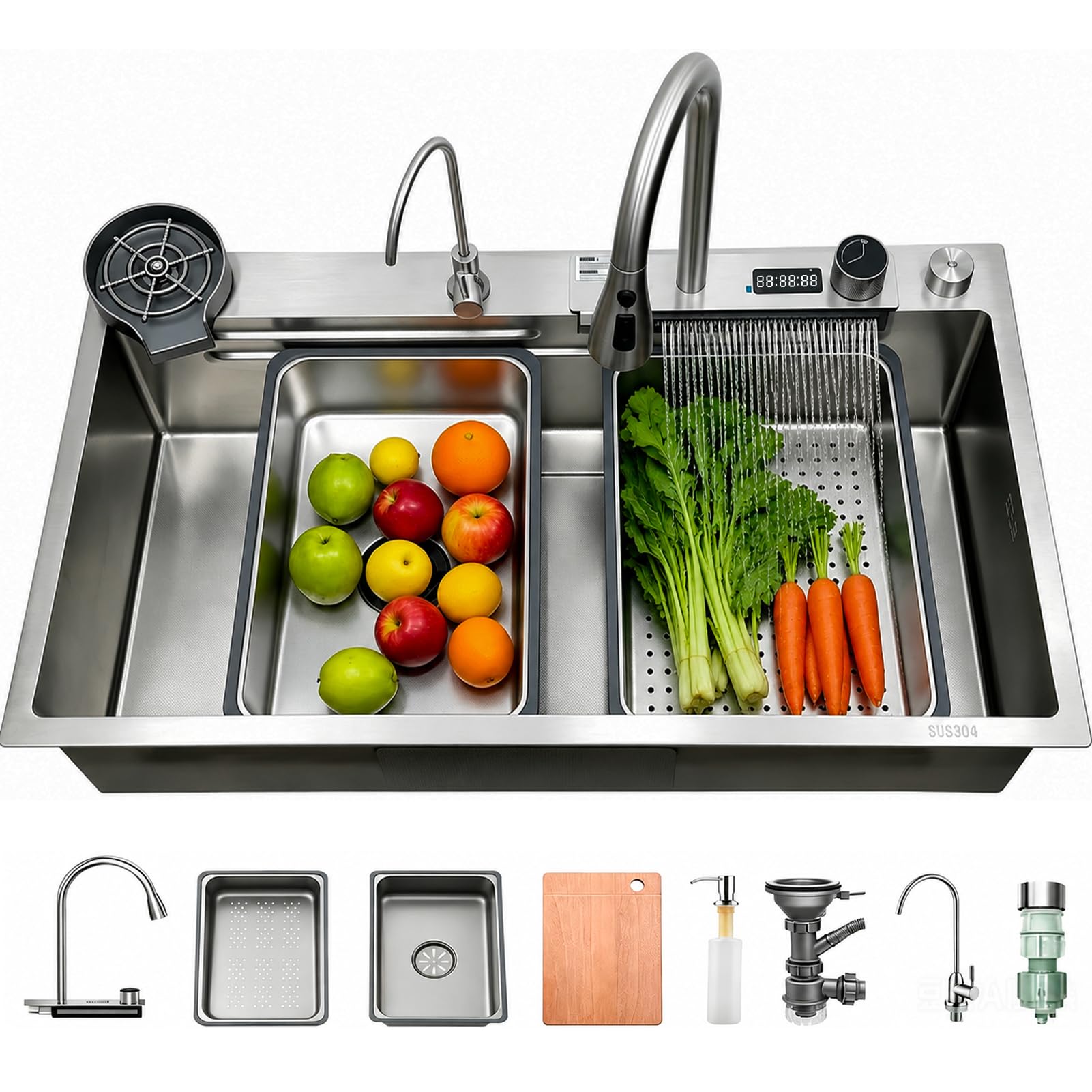 Fregadero de cocina con cascada, 85 x 50 cm, acero inoxidable cepillado 304, fregadero de cocina con pantalla digital, lavabo grande con cesta de drenaje, tabla de cortar, sifón, componente de desagüe
