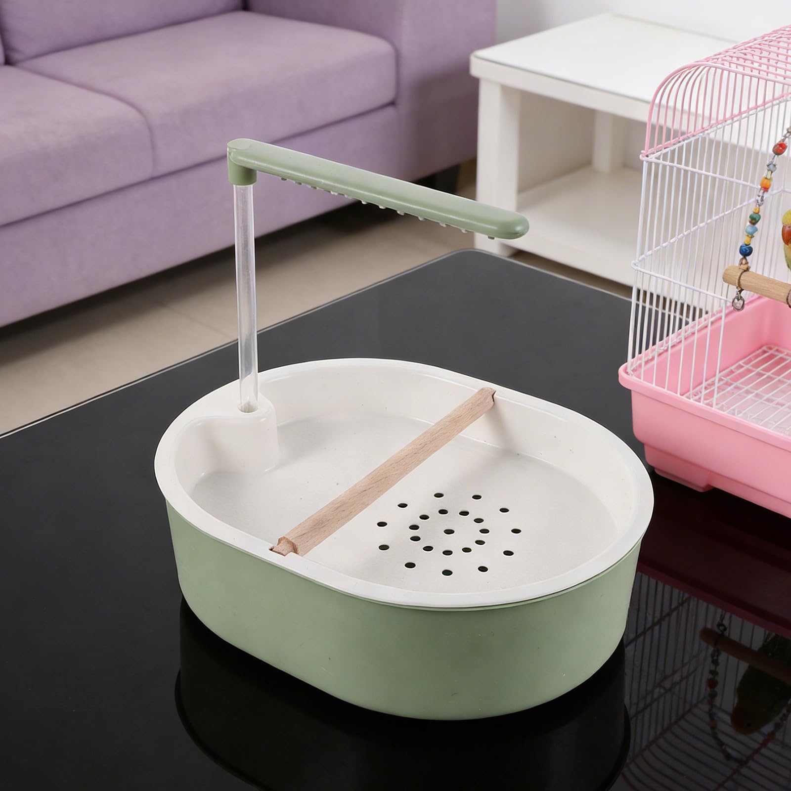 Artibetter Automatisches Vogelbad mit Pumpe und Springbrunnen für Wellensittiche und Unzertrennliche 25l/h Kunststoff mit Holz Einfach zu Reinigen für Käfig und Innenbereich