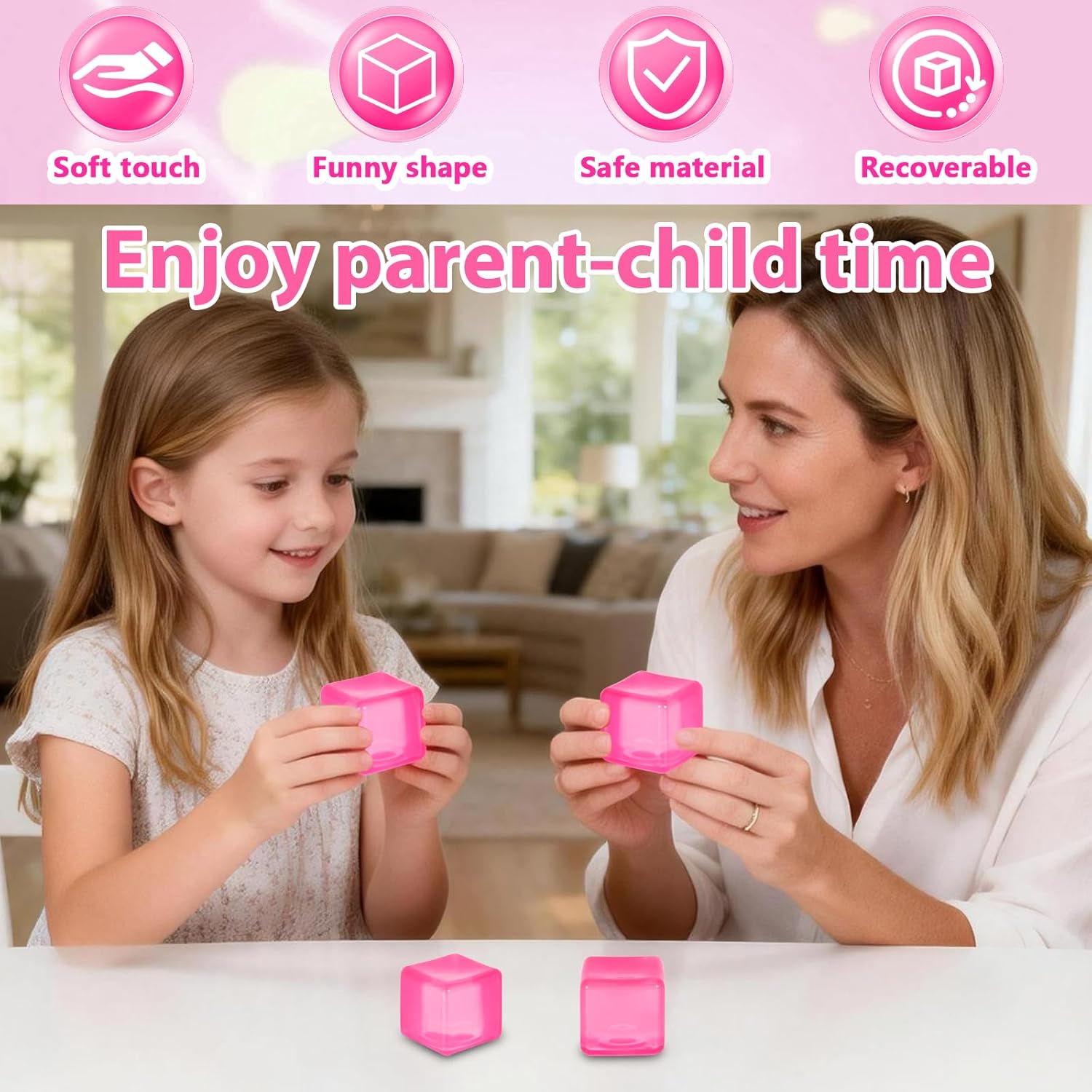 Ice Cube Stress Ball, Medium Cube 5cm(1.98") Fidget Toys, Pink Ice Cube Squishy Cube for Anxiety Relief Stress Reliever, Stress Relief Toys for Adults Kids Children Teens