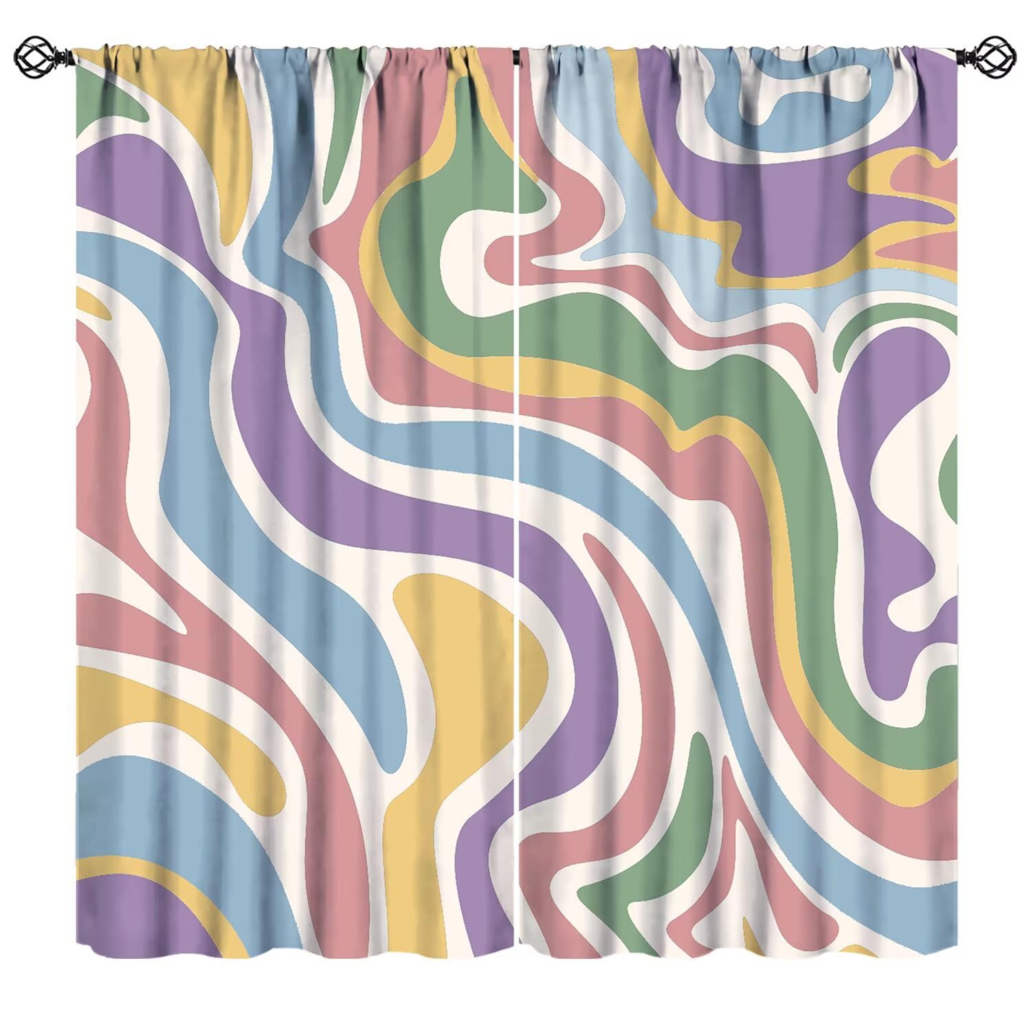 JanJCurt Abstract Colorful Groovy Curtains, Modern Aesthetic Cute 70s Retro Spiral Swirl Rainbow Wavy Window Drapes for Kids Girls Bedroom Livingroom, 42x45in (No Blackout)