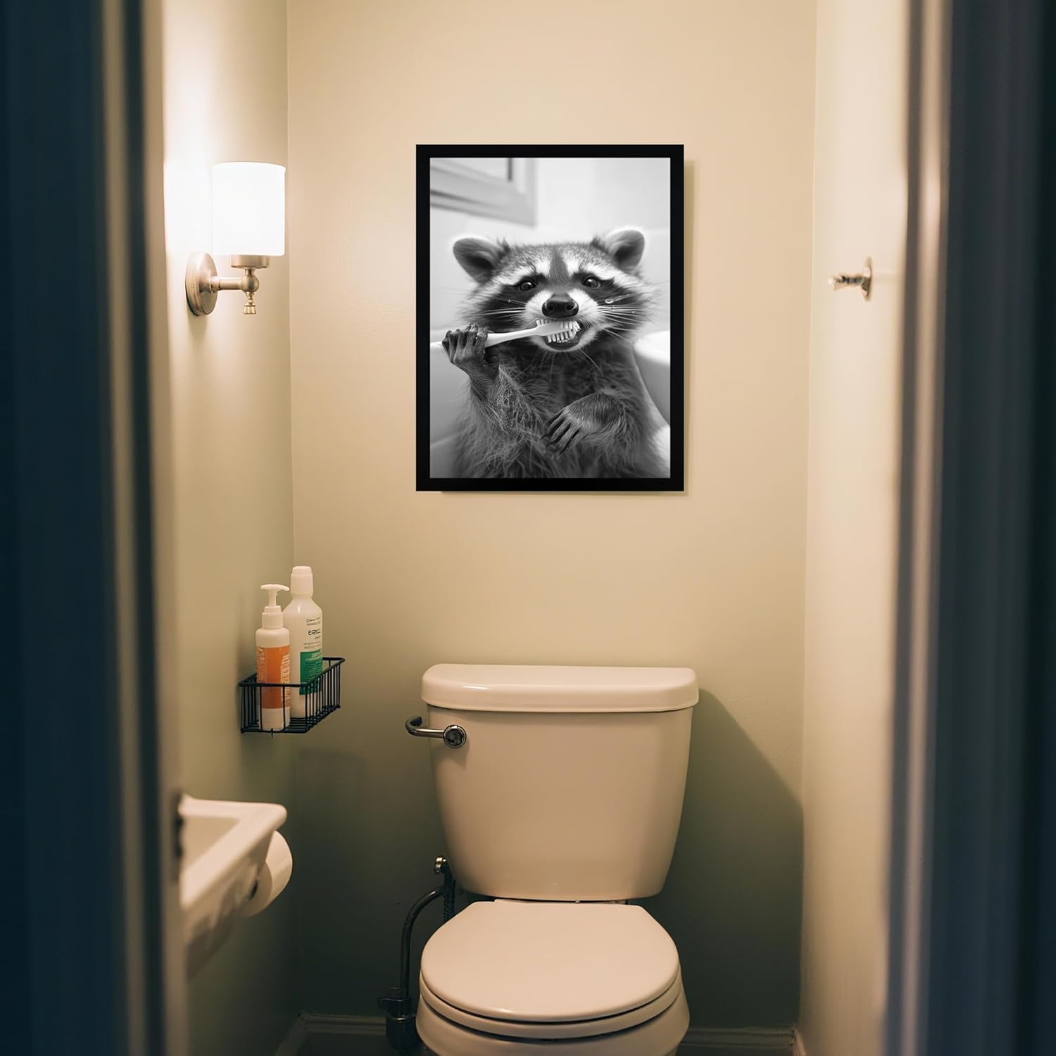 Ovczax Funny Raccoon Brushing Teeth Photo Canvas Wall Art - Bathroom and Kids Room Decor Black And White Wall Art Funny Animal Prints for Pet Stores Hotel Restrooms 16" x 12" Black Wooden Frame
