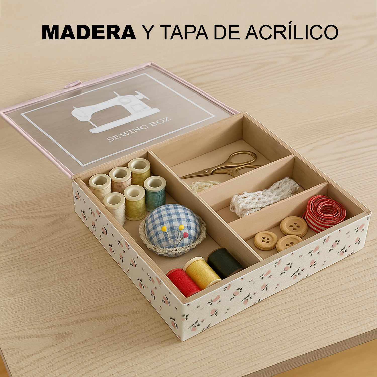 TIENDA EURASIA – Caja Costurero | Bandeja de 4 Compartimentos | Material Madera | Tapa de Acrílico | Diseño Multicolor | Medidas 24x24x5 cm (Rosa Claro)