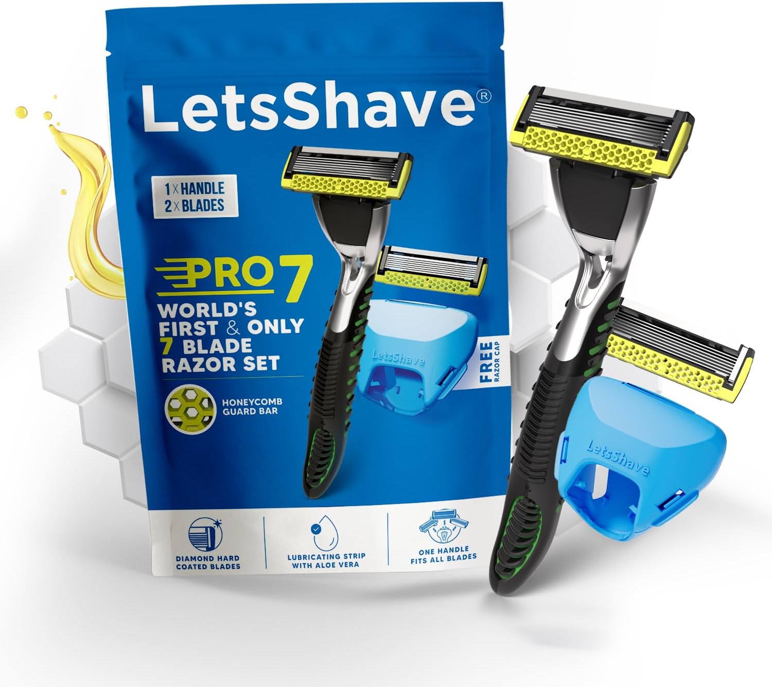LetsShave Pro 7 Max Shaving Razor for Men with 2 Blades & 1 Handle + Razor Cap World's First 7-Blade Razor with Honey Comb Bar, Shaving Kit