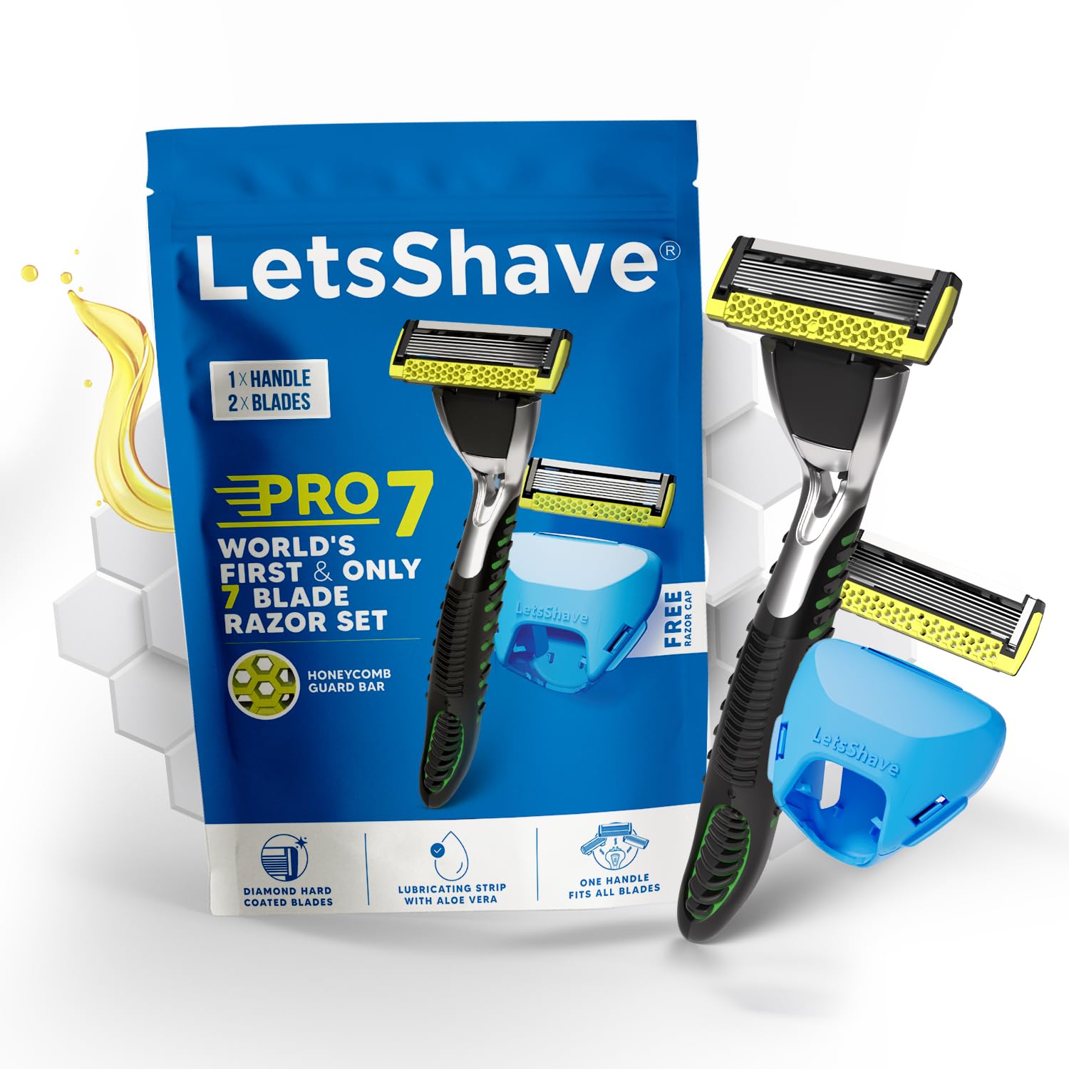 LetsShave Pro 7 Max Shaving Razor for Men | 1 Handle, 2 Refills & Cap | World’s First 7-Blade-Razor with Honeycomb Bar | Smooth & Close Hair Removal Kit