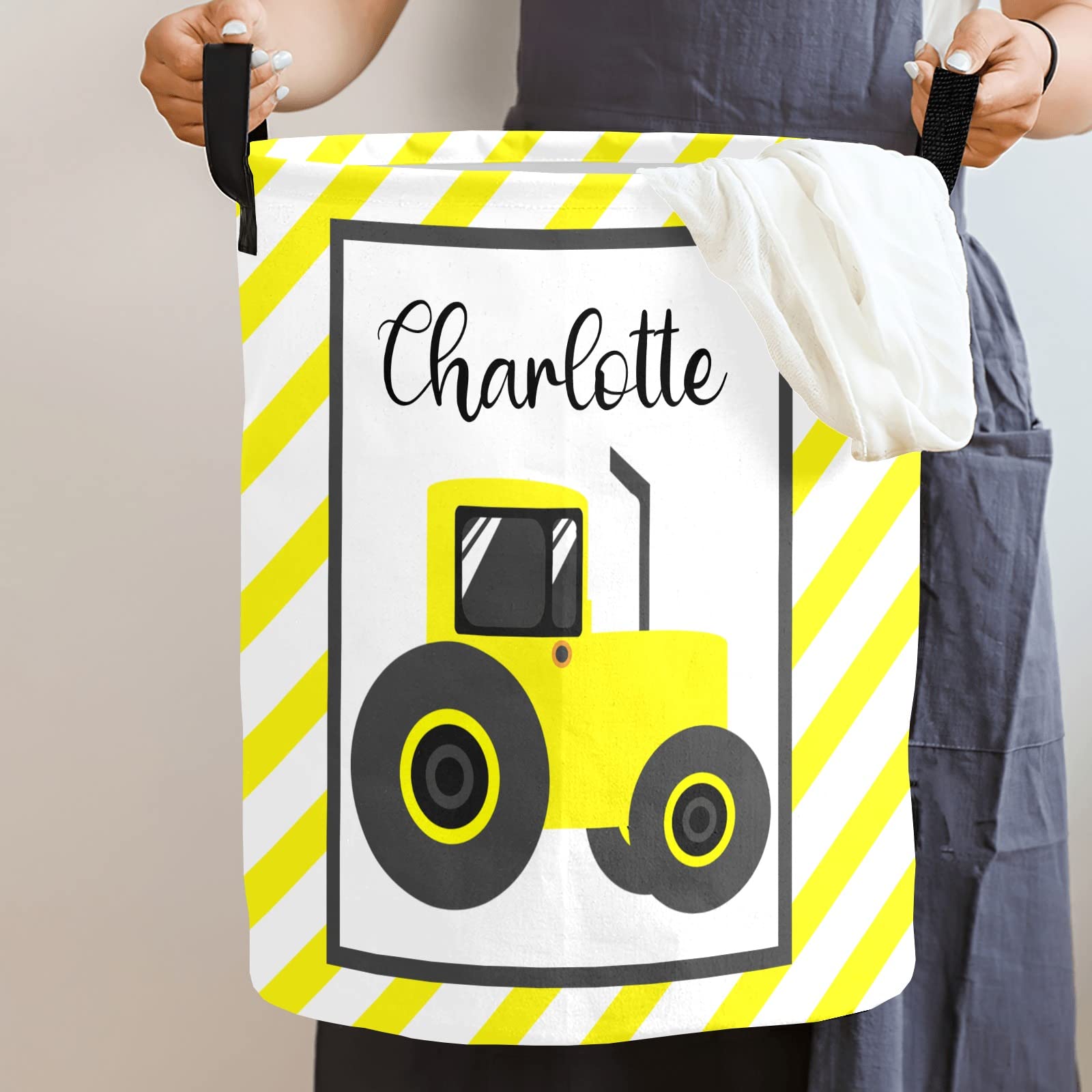 Personalized Yellow Truck and Stripes Laundry Basket with Name Waterproof Foldable Storage Bin for Bathroom Home Office Cloth