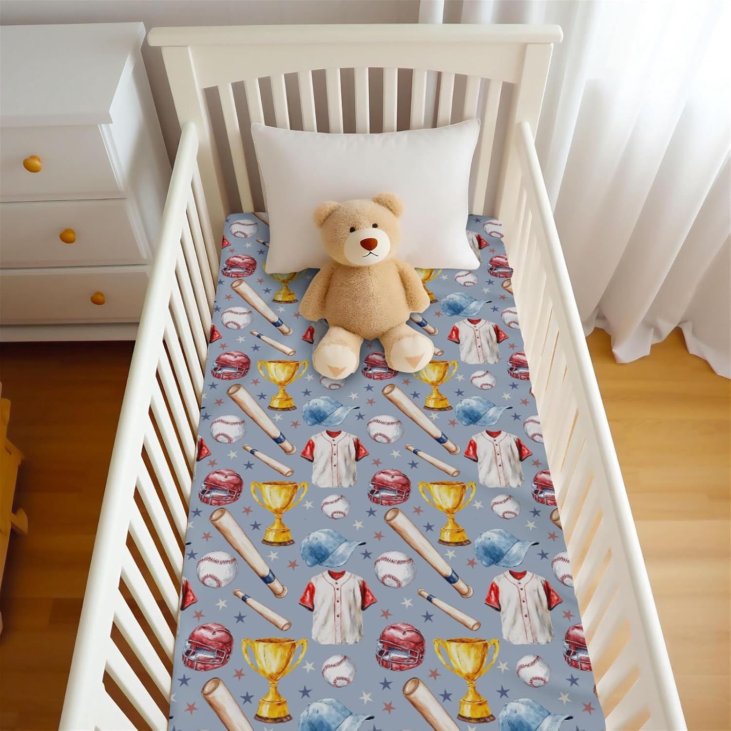 Cute American Baseball Hat Helmets Trophy Baby Crib Sheets for Boy Girl 52x28Inch Breathable Patriotic Sports Baby Sheet for Standard Crib and Toddler Outdoor Sport Lover Gift Mattress