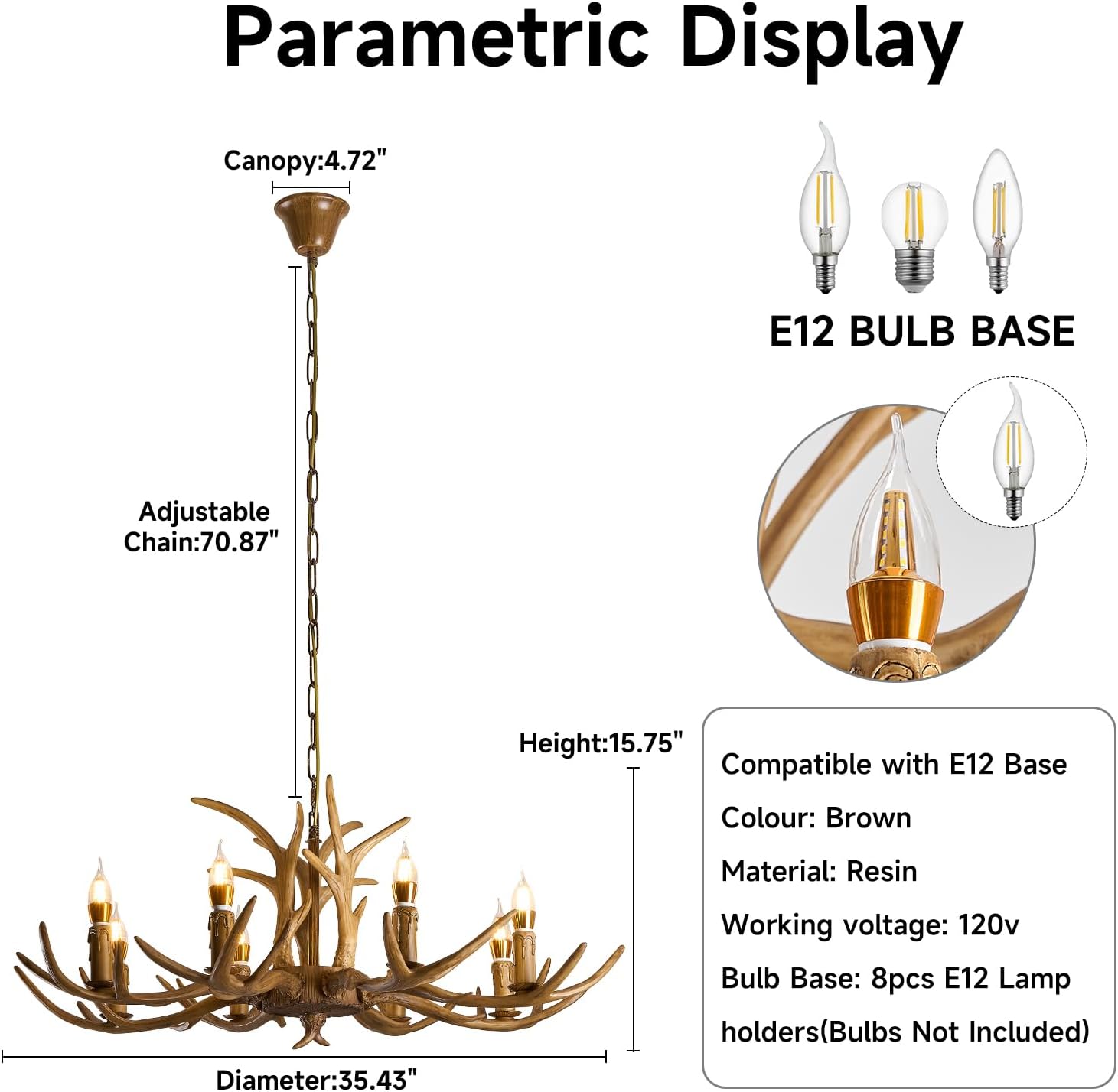 Antler Chandelier 8-Light, 38.4in Deer Antlers Chandelier Rustic Style Faux Deer Resin Antlers Lamp Vintage Antler Horn Retro Lighting for Dining Room Bedroom Cabin(6Lamp Arms+3 Arms)