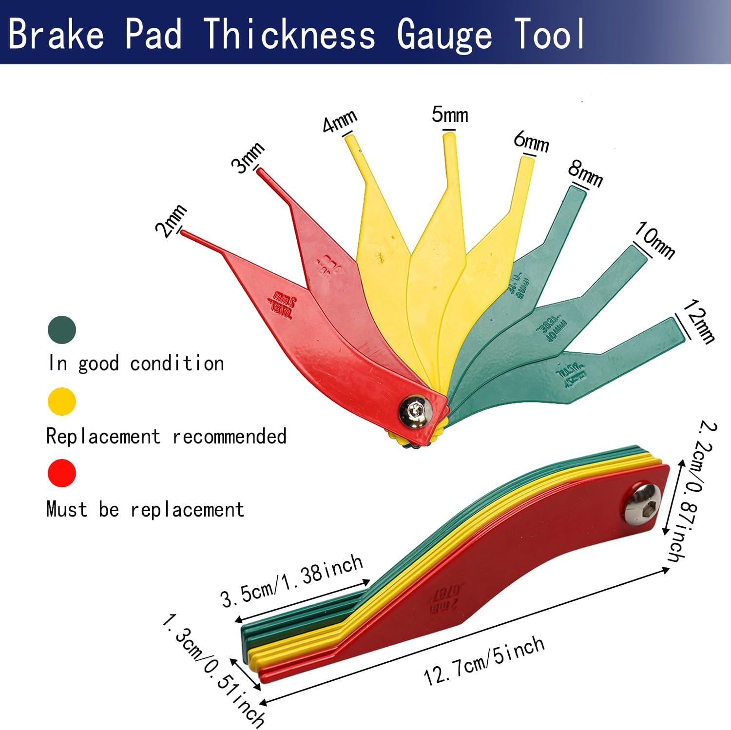 2 Pack Brake Lining Thickness Gauge, Automotive Brake Pad Measuring Tool 8-in-1 Brake Lining Gauge Set, Color Coded/SAE & Metric/Heavy Duty Brake Lining Measuring Tool