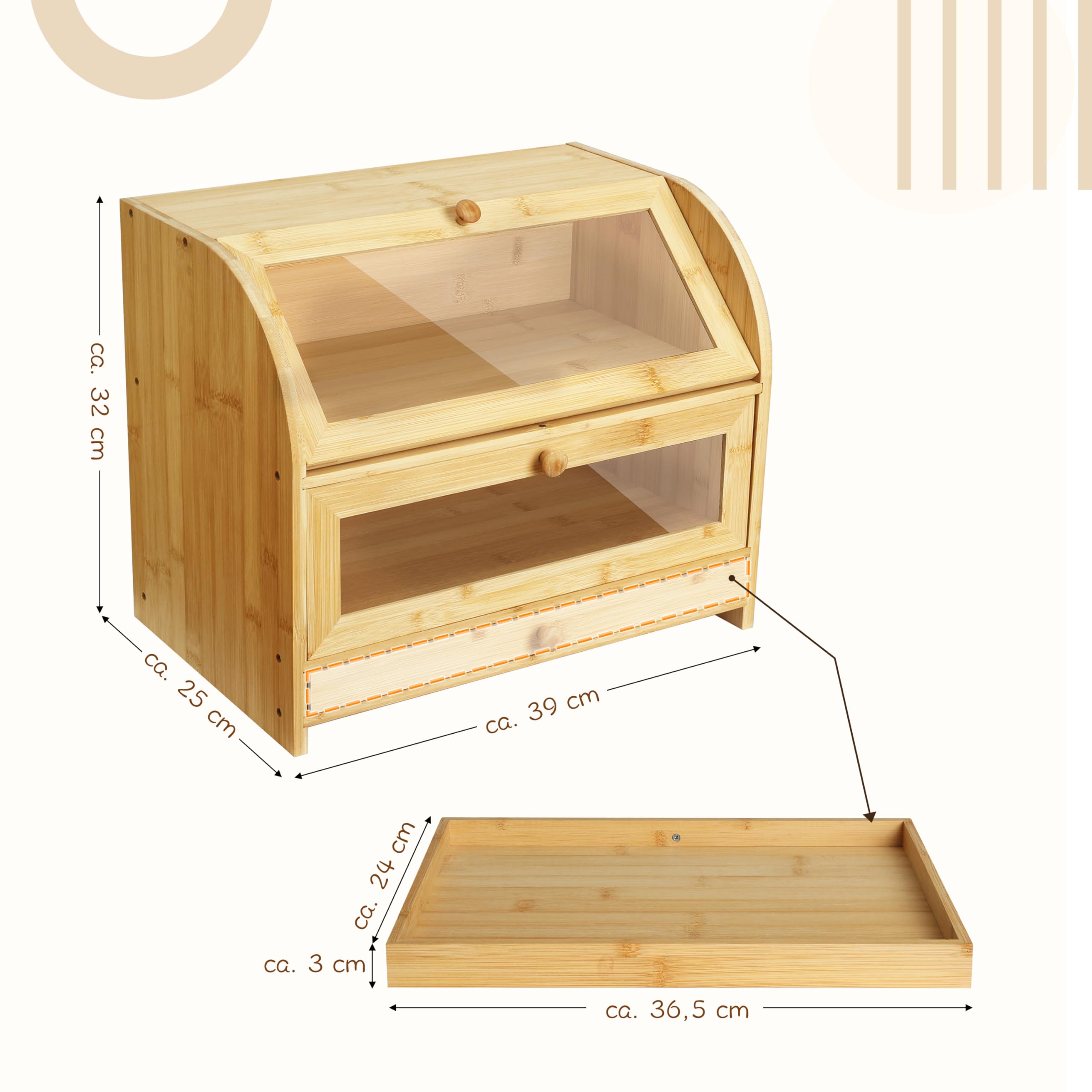 Ribelli Bambus Brotkasten mit 2 Etagen und Schublade, Großer Brotbehälter mit Brotschneidebrett, Holz Brotbox mit Deckel, Lebensmittelecht Brotaufbewahrung