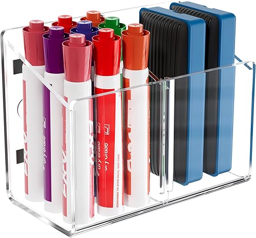 MaxGear Soporte magnético de borrado en seco, bolígrafo acrílico transparente y organizador de marcadores con 2 compartimentos para refrigerador,