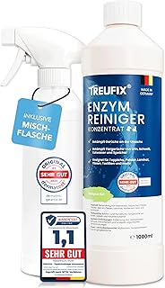 Treufix Enzymreiniger Konzentrat 1L inkl. 500ml Mischflasche – Hochwirksamer Geruchsentferner gegen Katzenurin & Hundeurin für Sofa, Teppich, Polster Geruchsneutralisierer – Made in DE