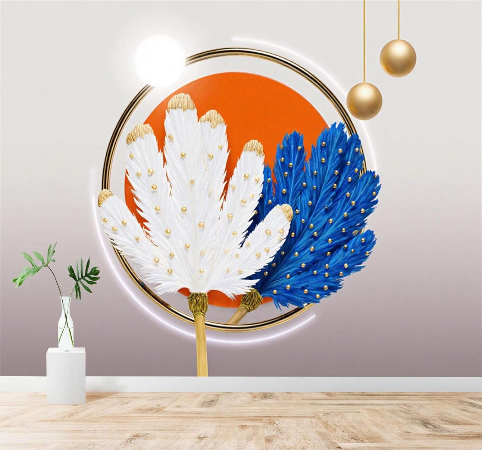 Tzxztt 400Cm×280Cm(B×H) Abstract Blue And White Feathers Golden Circles Orange Sun Modern 3D Wallpaper Premium Textured Silk Neutral Tones Material Ideal For Living Room Bedroom-400Cm×280Cm
