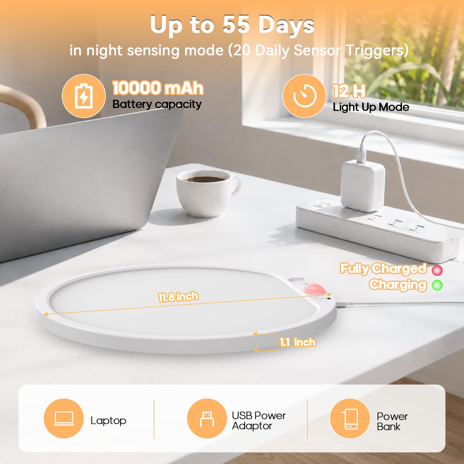 Lampe à batterie avec détecteur de mouvement 10 000 mAh, double source de lumière, 12 RVB arrière et 3 CCT Plafonnier super lumineux avec télécommande de 30 cm, minuteur, plafonnier rechargeable pour