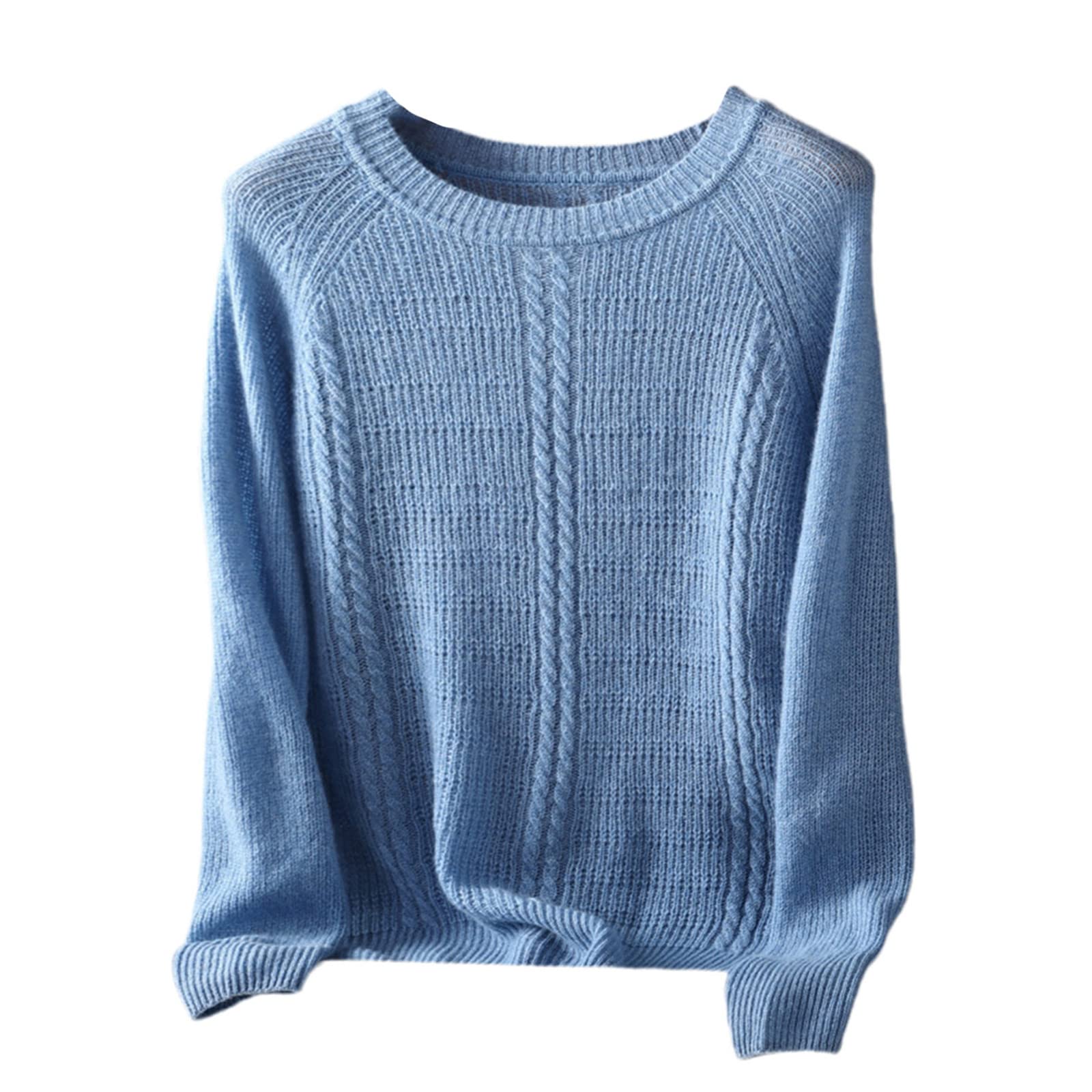 Kelsiop Primavera y otoño 100% suéter de cachemira de las mujeres suéter de cuello redondo casual de punto suelto de moda suéter cálido, azul, S