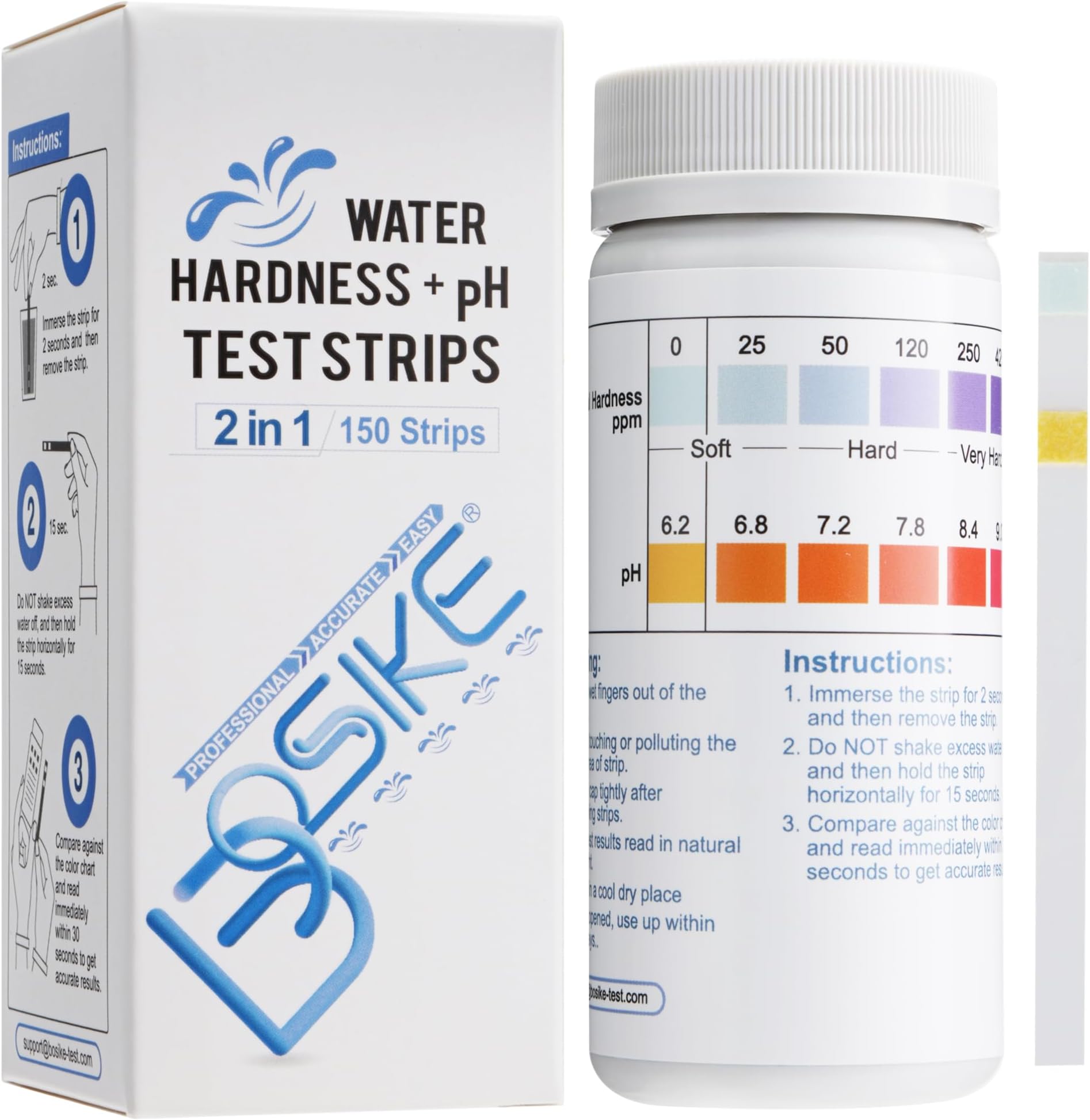 BOSIKE 2 in 1 Water Test Kit Hardness & pH - 150 Strips - Hard Water Tester for Tap Drinking - Softener, Dishwasher, Pool, Spa & Well Testing Kits