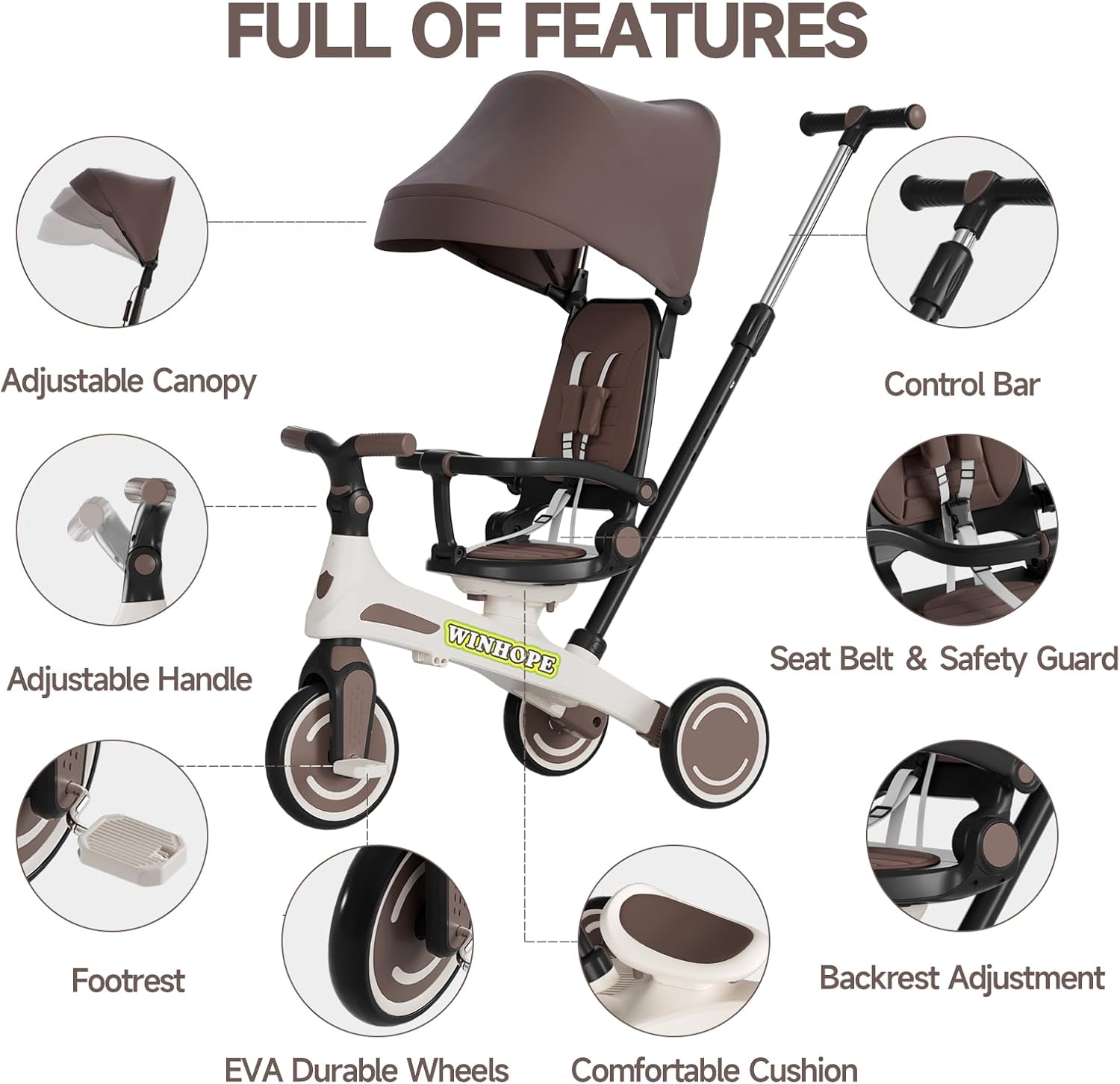 Winhope Kids Tricycle, 6 in 1 Baby's Tricycle Toddler Trike with Adjustable Push Handle, Reversible Seat and Canopy, Baby Stroller for 1-6 Year Olds, Suitable for Outdoor Activities(Coffee)
