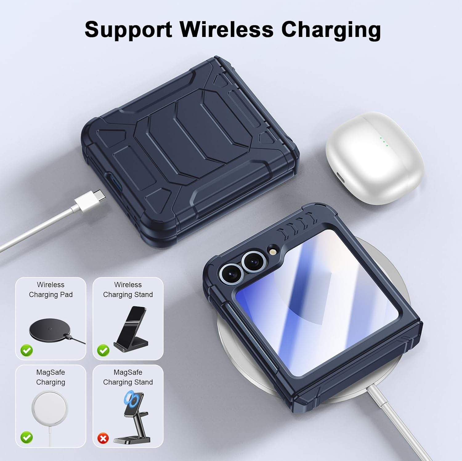 Military-Grade Protection ZFlip 6 / ZFlip 7 FE Case for Samsung Galaxy Z Flip 6 & Flip 7 FE: Shockproof TPU Frame, Hinge Protection, Glass Screen Protector, Anti-Slip Rugged Phone Cover (Dark Blue)