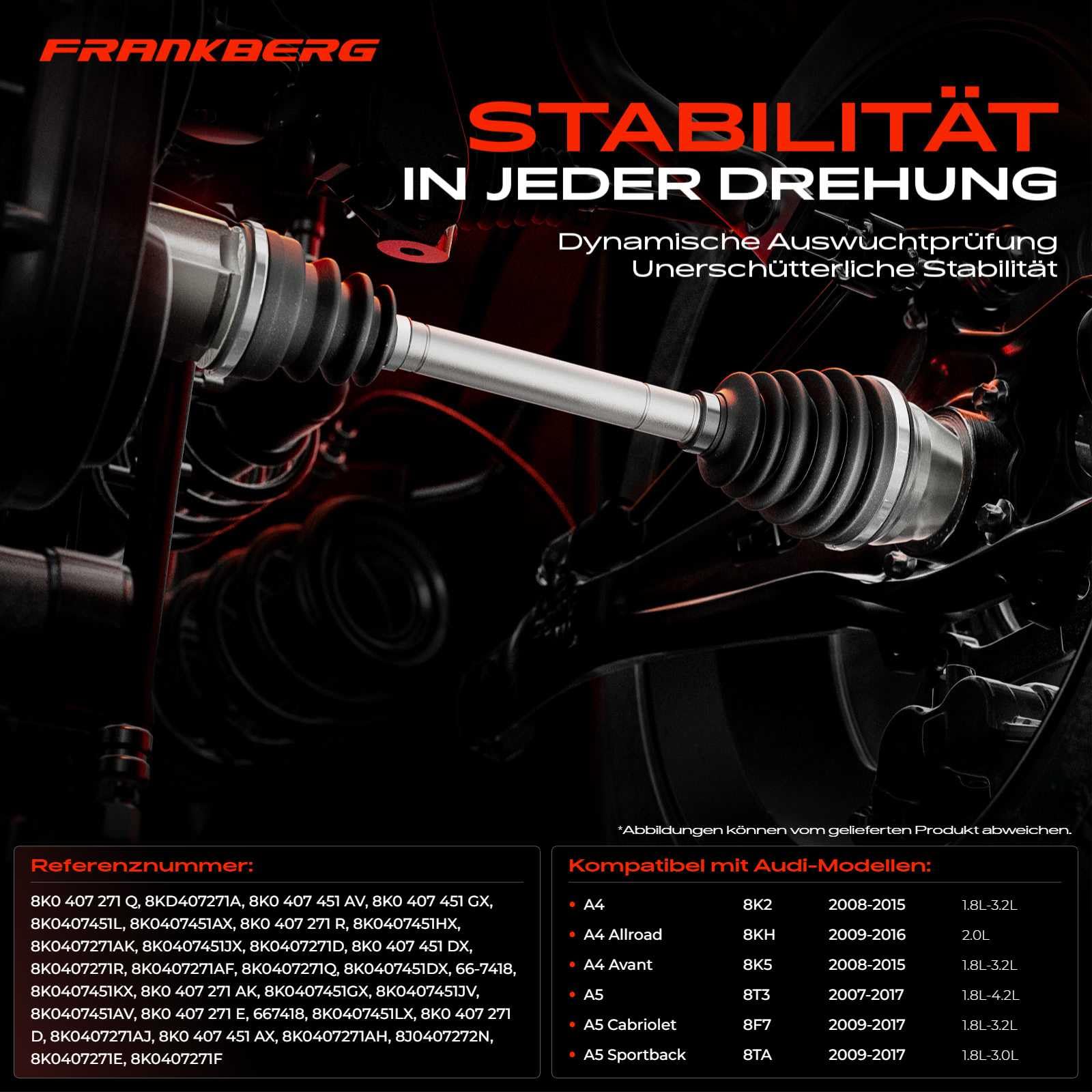 Frankberg 2x Antriebswelle Achswelle ohne ABS Ring Vorderachse Kompatibel mit A4 8K2 A4 Allroad 8KH A4 Avant 8K5 A5 8T3 A5 Cabriolet 8F7 A5 Sportback 8TA Replace# 8K0407451DX