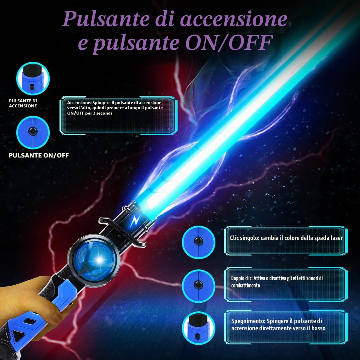 VATOS 2PCS Spade Luminose Ricaricabili per Bambini, 15 Colori Variabili con Effetti Sonori di Combattimento, Giocattolo di Spada Luminosa LED Retrattile 2 in 1 per Cosplay, Feste su Samurai
