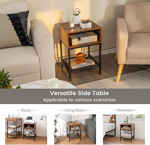 Miniatura 9 de Giantex Mesa auxiliar, mesa de teléfono con estantes de malla y compartimento abierto, mesa auxiliar de aspecto de madera, mesita de noche para sala