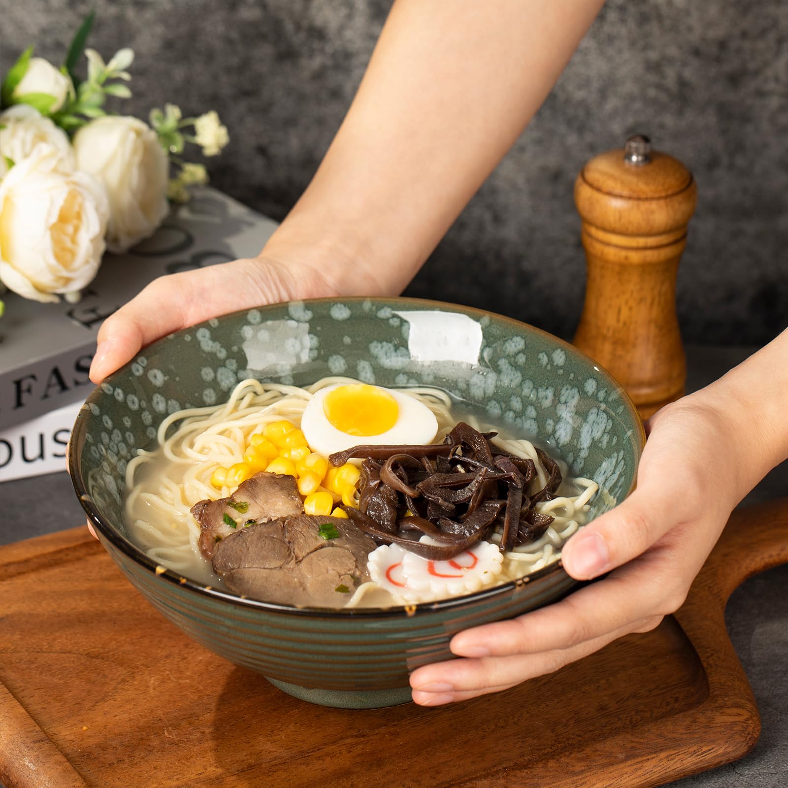 TuYines Ceramic Ramen Bowl, Ramen Bowl Set, Japanese Ramen Bowl with Spoon & Chopsticks, 1200 ml Soup Bowls, SaladBowl (Style E) - Image 2