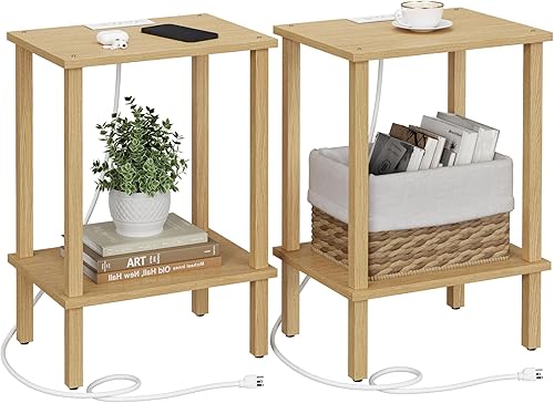 Miniatura 24 de TUTOTAK Mesa auxiliar con estación de carga, mesa auxiliar con puertos USB y tomacorrientes, mesita de noche, estante de almacenamiento de 2