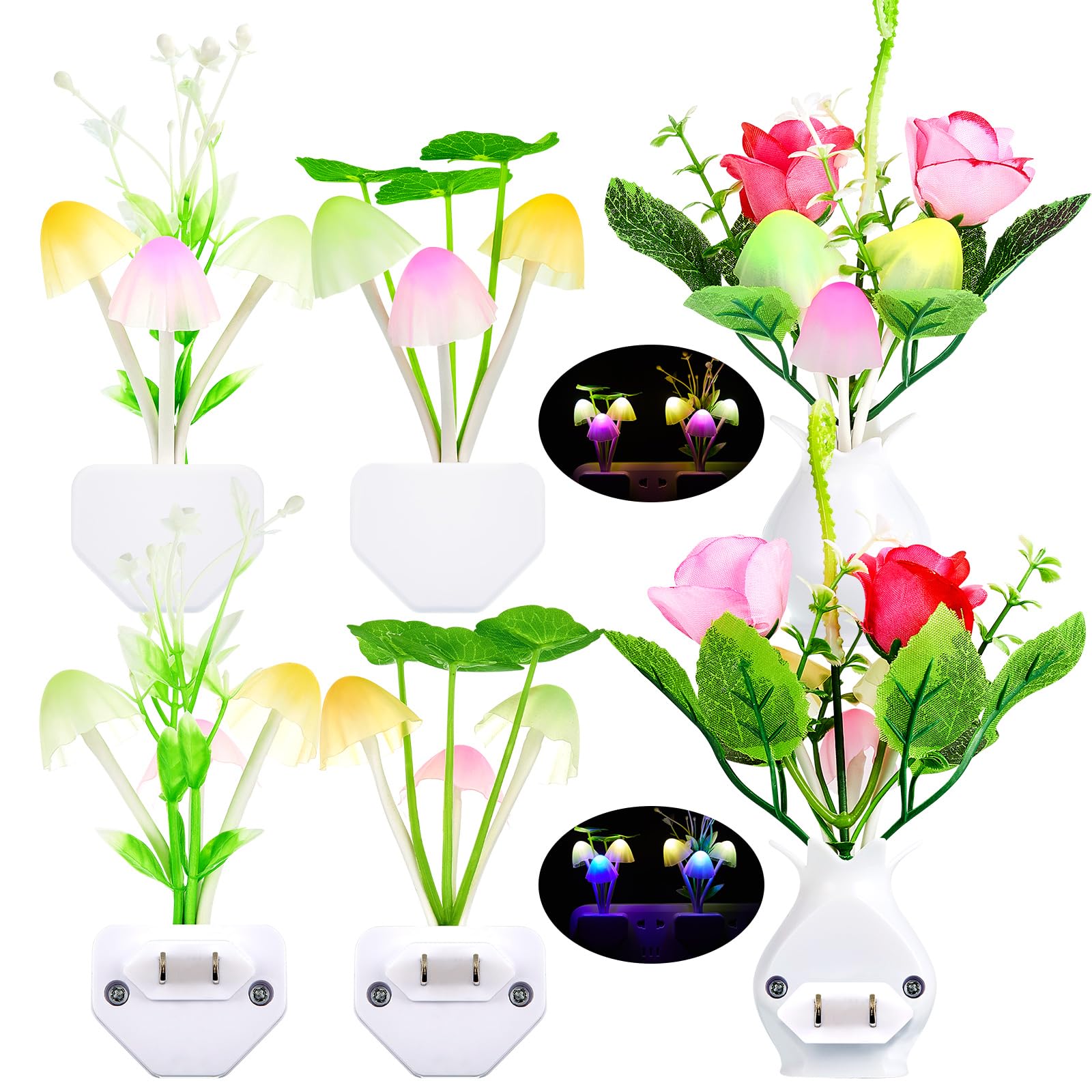 Mudder 6 Pack Mushroom Night Light LED Night Light Plug in Lamp 7 Color Changing Magic Cute Shaped