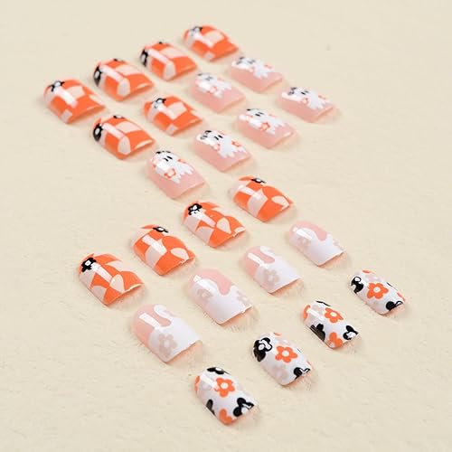 Miniatura 3 de Uñas postizas cortas a presión para Halloween, con tablero de ajedrez deformado, enrejado trenzado, diseño de flor fantasma, uñas postizas